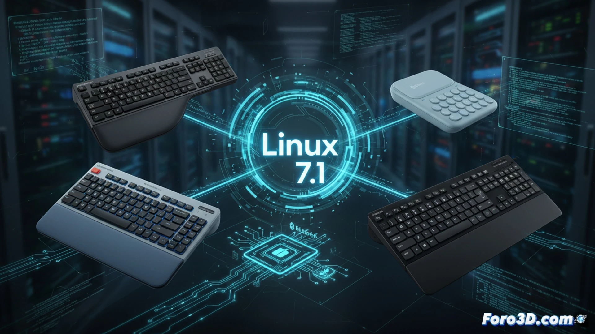 Close-up shot of a modern Logitech wireless keyboard on a desk, a transparent digital overlay showing the Linux kernel’s HID subsystem processing Bluetooth signals, glowing green data lines connecting the keyboard to a terminal window displaying logitech-hidpp driver updates, a cursor highlighting newly added device IDs for Signature K650 and MX Keys S, photorealistic technical illustration, engineering visualization, dramatic low-key lighting with blue and green LED accents, metallic keycaps reflecting circuit traces, motion blur on data streams, ultra-detailed mechanical switches and PCB traces visible under a glass surface