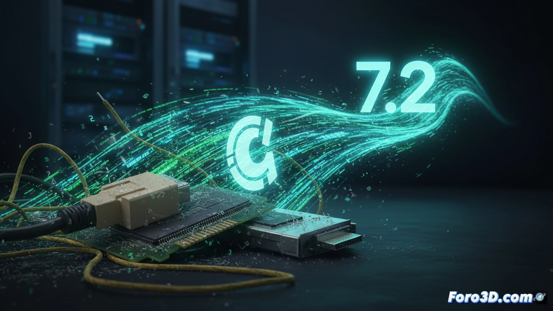 Retro network card ARCnet ISA being removed from a vintage motherboard using a screwdriver, hand pulling out the card with visible dust and aged PCB traces, glowing red LED fading out, kernel code lines dissolving like smoke in background, cinematic technical illustration, dark industrial workshop lighting, metallic contacts with oxidation details, photorealistic engineering visualization, dramatic shadows emphasizing obsolescence