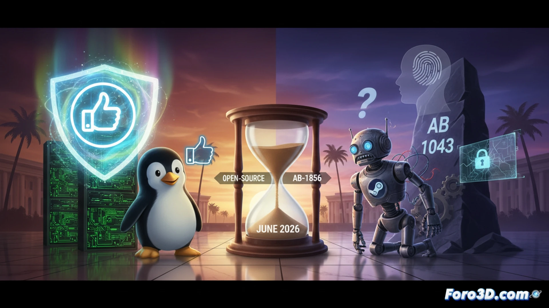 Steam Deck consola portátil partida en dos mitades, lado izquierdo con pingüino Tux de Linux intacto y brillante bajo luz verde de código abierto, lado derecho agrietándose con icono de Steam deformado por engranajes legales rojos, juez robot sosteniendo un martillo sobre un documento AB 1043 mientras sombra de ley AB-1856 protege solo la mitad izquierda, fondo de mapa de California con reloj digital marcando junio 2026, estilo cinematic photorealistic render, iluminación dramática de contraste azul y rojo, texturas metálicas y plásticas detalladas, acción de fractura en progreso