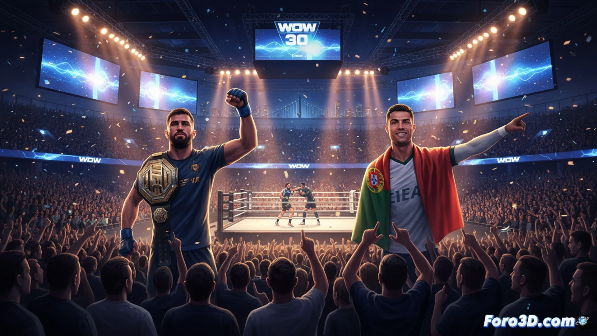 Lisboa night arena filled with 4000 cheering fans, octagonal WOW 30 combat stage center, two fighters mid-kick exchange under intense spotlights, Cristiano Ronaldo silhouette in VIP section raising fist, Topuria standing near cage applauding, cinematic photorealistic sports spectacle, crowd motion blur, dramatic blue and gold stage lighting, smoke machines creating atmospheric haze, high-end camera lens flare, ultra-detailed audience faces and fighter gear, energetic action frozen in time