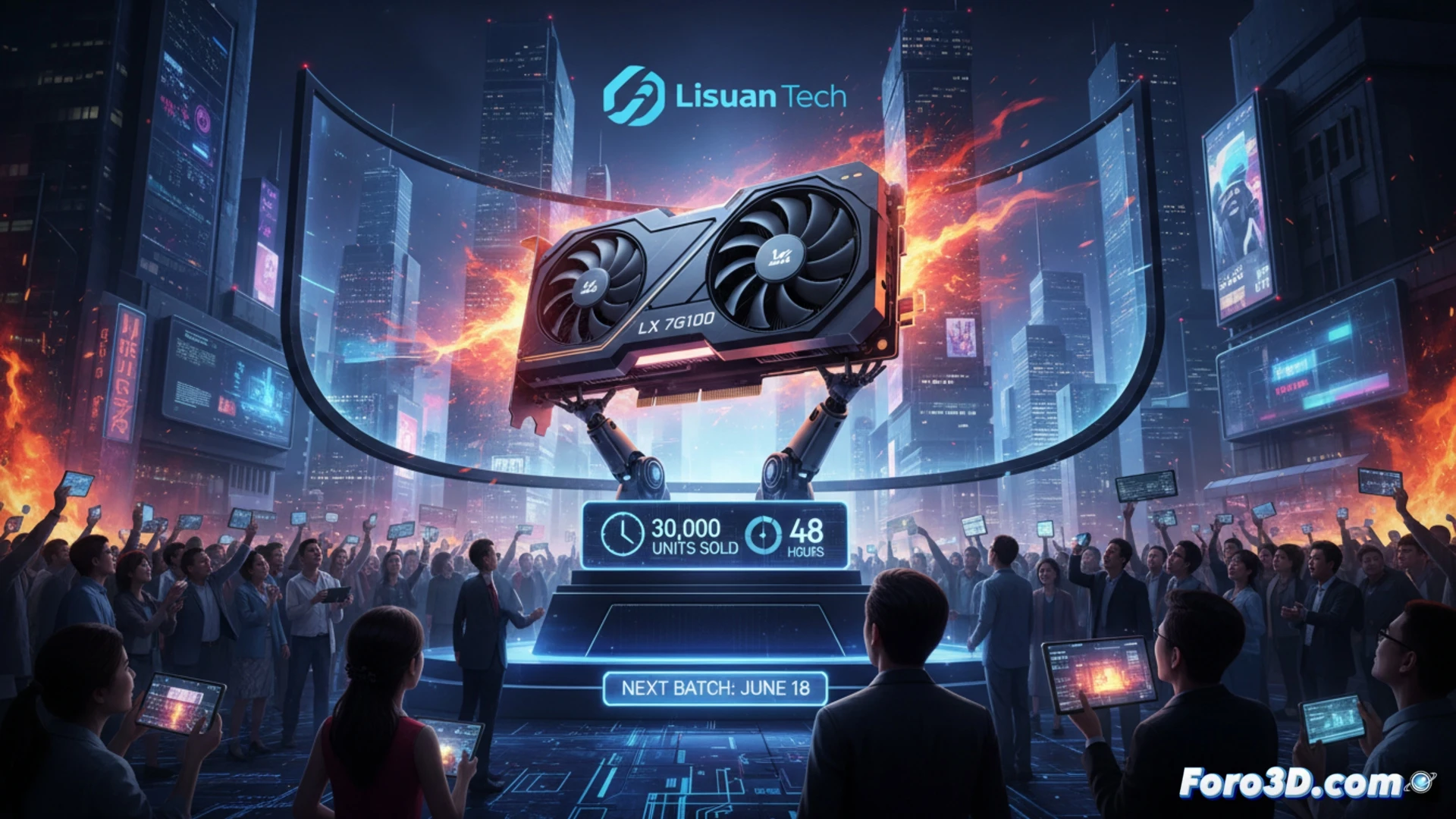 Chinese tech warehouse scene, workers scanning QR codes on stacks of LX 7G100 graphics card boxes, glowing digital order counter showing 30,000 units sold in 48 hours, one card partially disassembled revealing TrueGPU architecture and copper heat pipes, monitor displaying DirectX 12 benchmark test in progress, Microsoft WHQL certification badge illuminated on packaging, industrial shelving with restock pallets arriving, cinematic engineering visualization, cool blue LED lighting, metallic PCB details, realistic warehouse atmosphere, photorealistic technical illustration