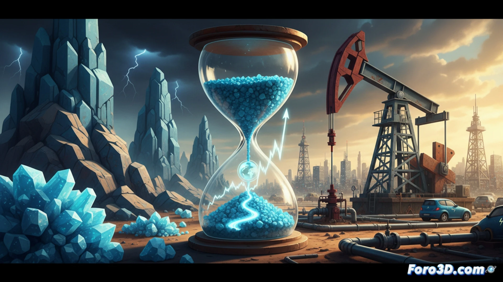cinematic wide shot of a fractured desert landscape split in two halves, left side showing abandoned oil derricks rusting under grey sky, right side showing a massive open-pit lithium mine with bright turquoise evaporation ponds, a 3D holographic Hubbert curve projection floating between both sides, glowing red warning lines intersecting with green upward arrows, mining trucks dwarfed by terraced pit walls, photorealistic engineering visualization, dramatic contrast between industrial decay and modern extraction, ultra-detailed geological strata visible in pit cross-section, cinematic lighting with golden hour shadows, hyperrealistic textures of salt flats and machinery