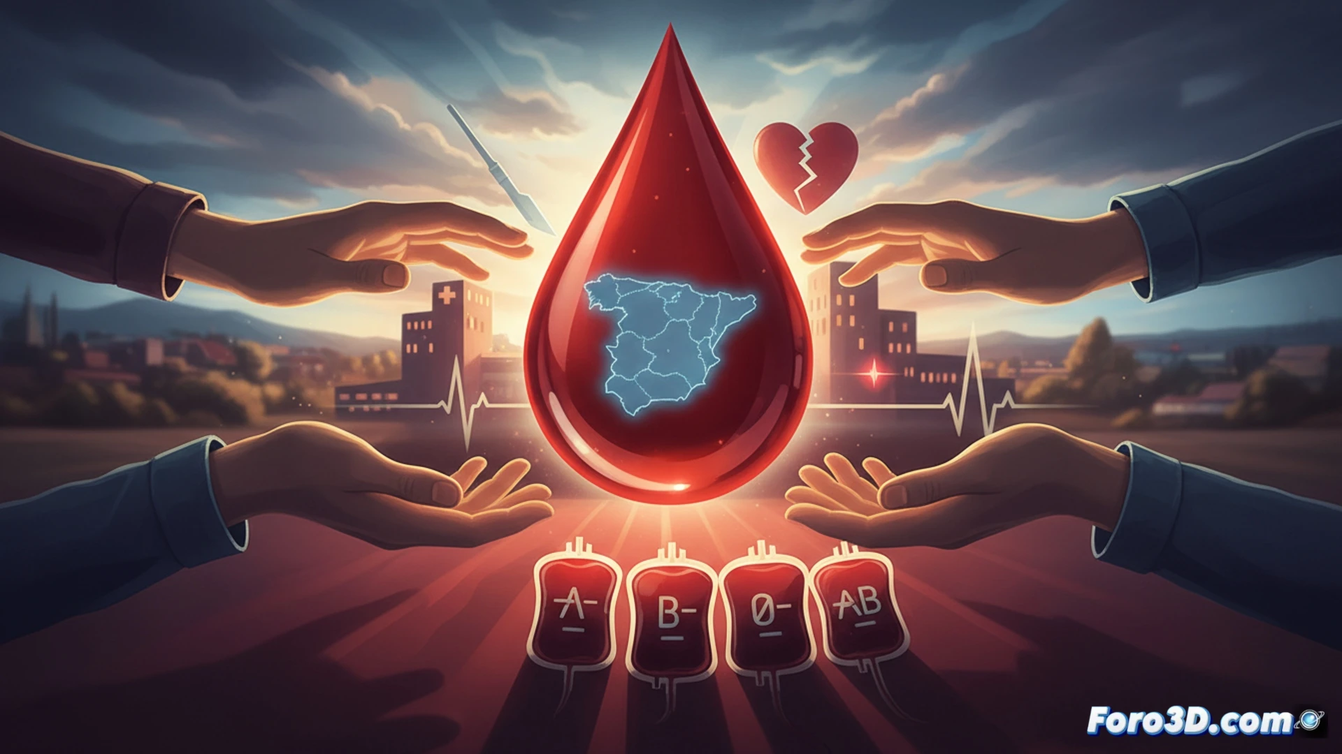 Una mano extendida sobre un fondo rojo oscuro, con una gota de sangre cayendo y letras de urgencia en blanco. Faltan donantes de grupos A, B, 0 y AB negativo en Castilla y León.