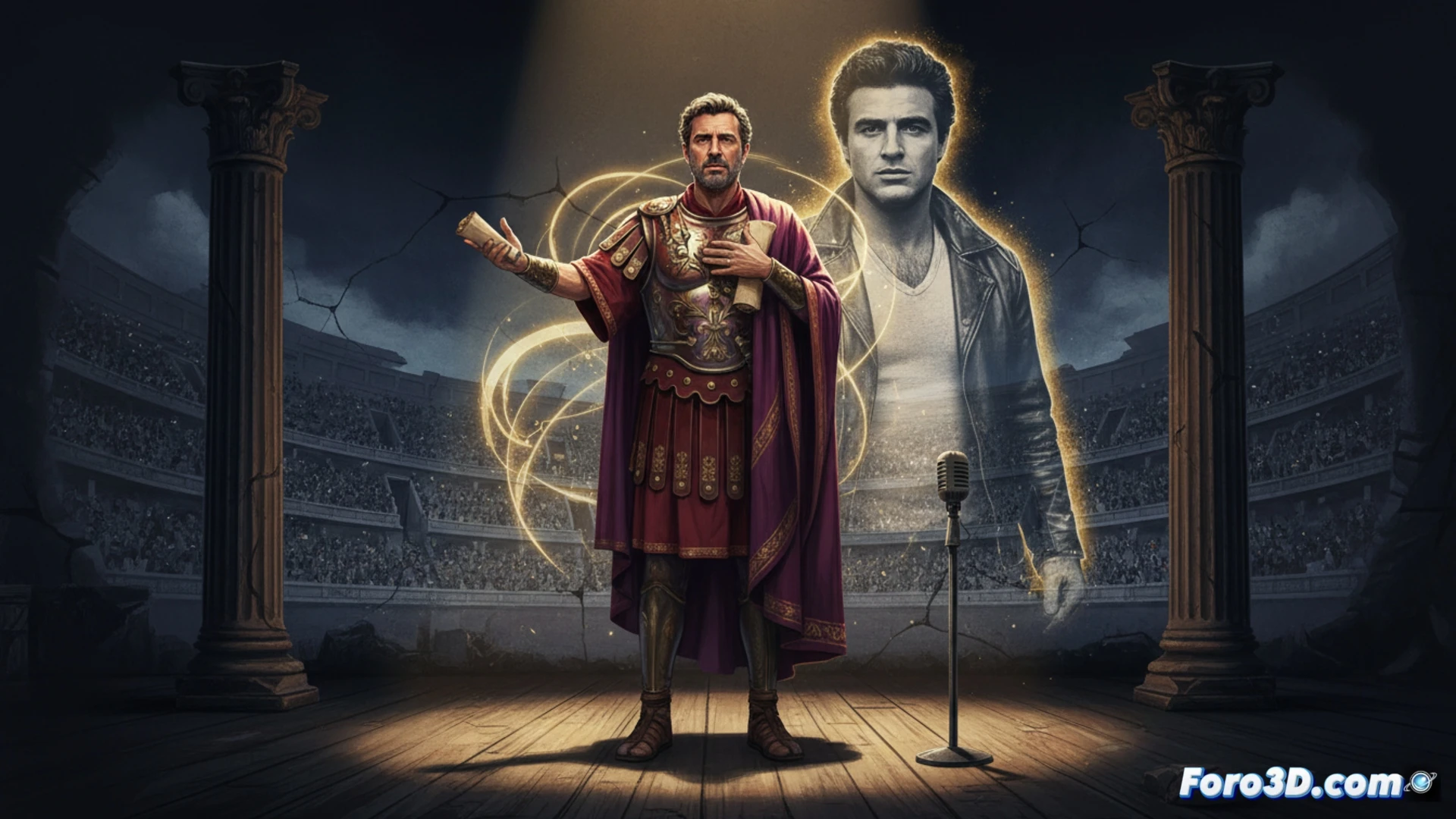 Lluís Homar como emperador Adriano en escenario teatral vacío, sosteniendo un pergamino antiguo mientras proyecta sombra de Marlon Brando sobre pared de ladrillo romano, micrófono de solapa visible en toga púrpura, focos cálidos de teatro iluminando su rostro, tableta digital con guión apoyada en columna de mármol, gesto de declamación con mano extendida, cinematographic photorealistic render, dramatic chiaroscuro lighting, textura de piedra desgastada, profundidad de campo limitada, estilo visual de ensayo teatral documental.