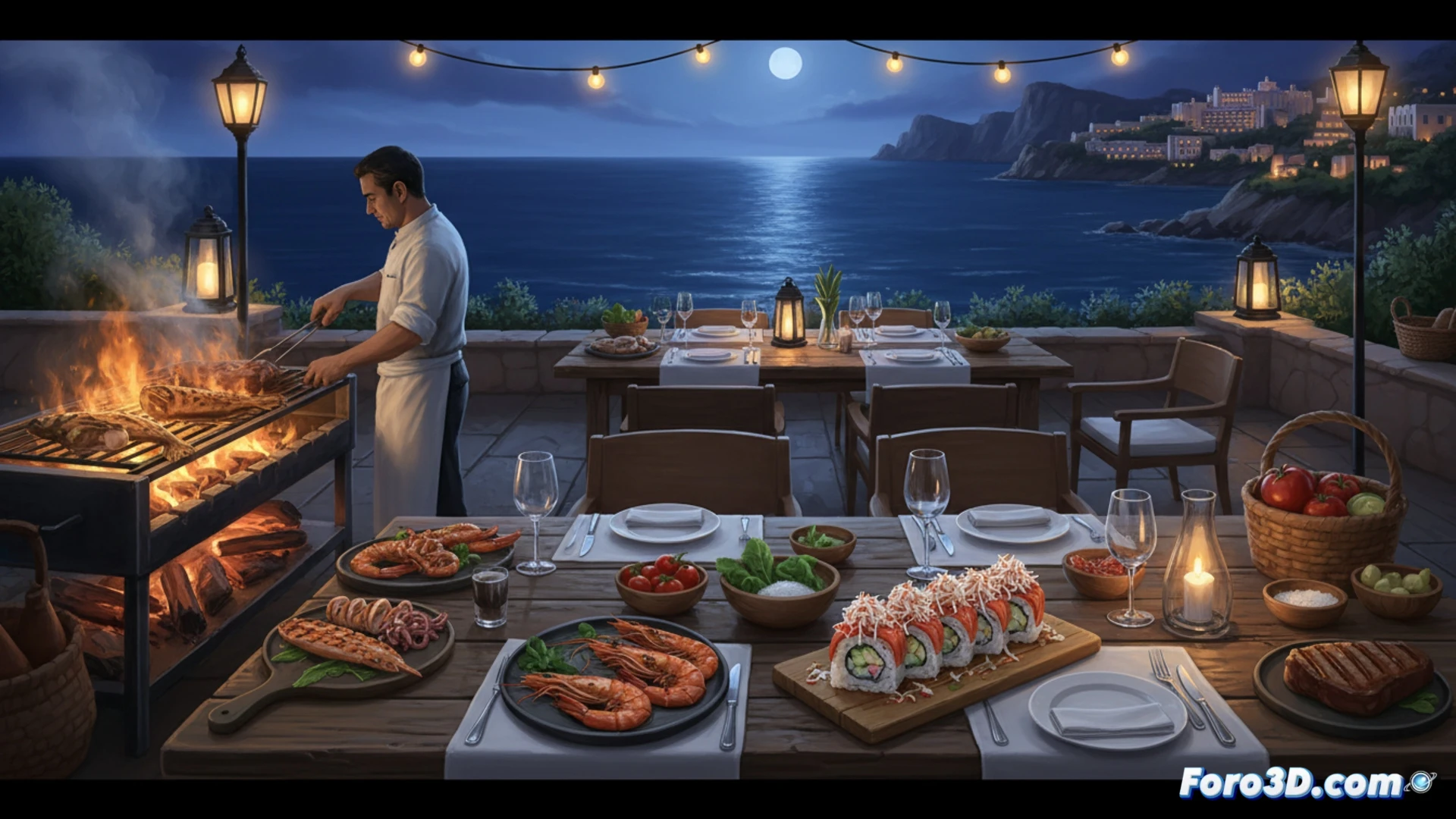 Una imagen del chiringuito Llum i Sal al atardecer, con brasas humeantes y platos de calamar mallorquín y gamba roja, junto al mar y tumbonas del Four Seasons Formentor.