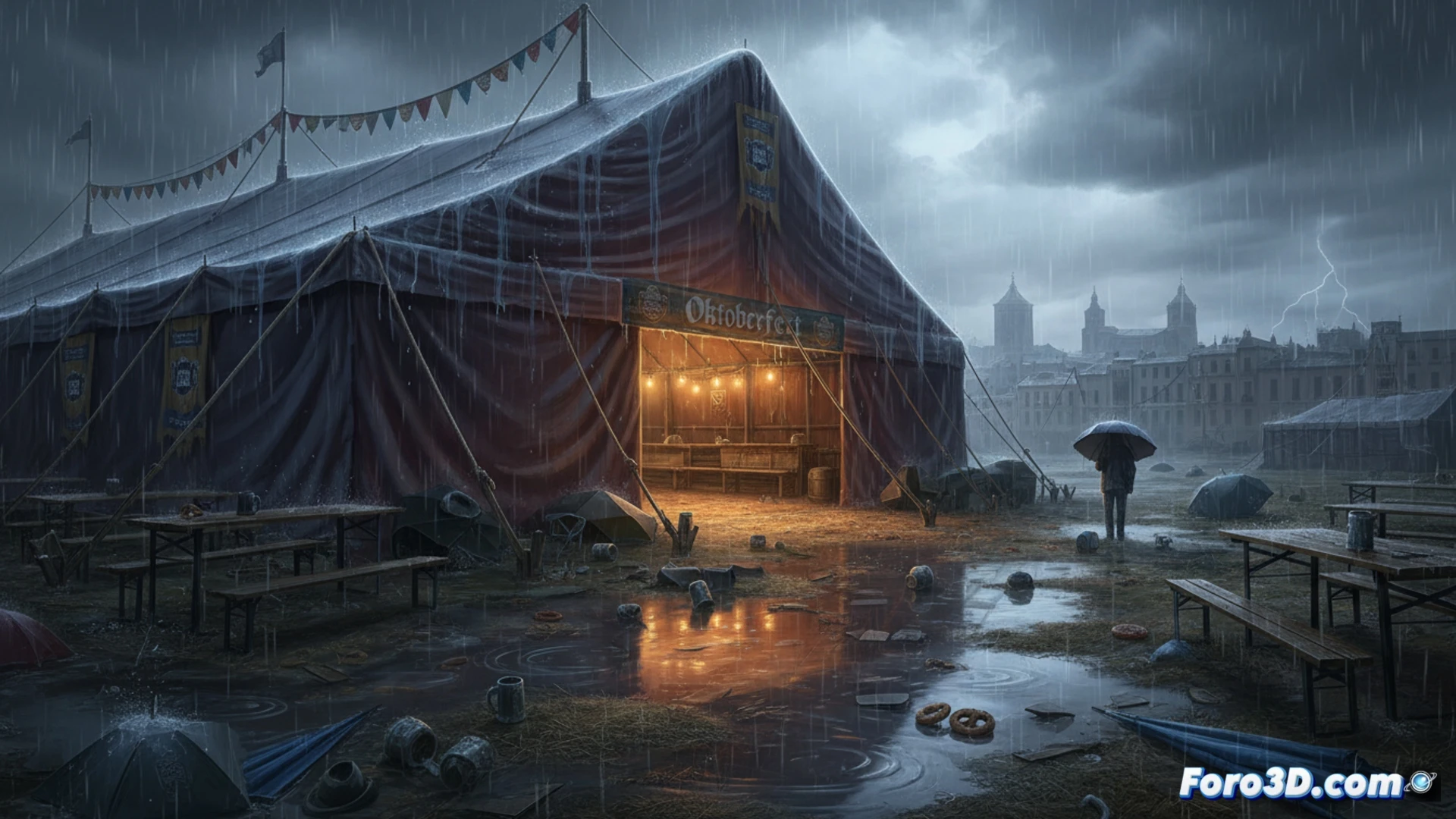 Una carpa mojada y vacía en el Oktoberfest de Ciudad Real bajo lluvia intensa, con sillas apiladas y charcos reflejando luces apagadas.