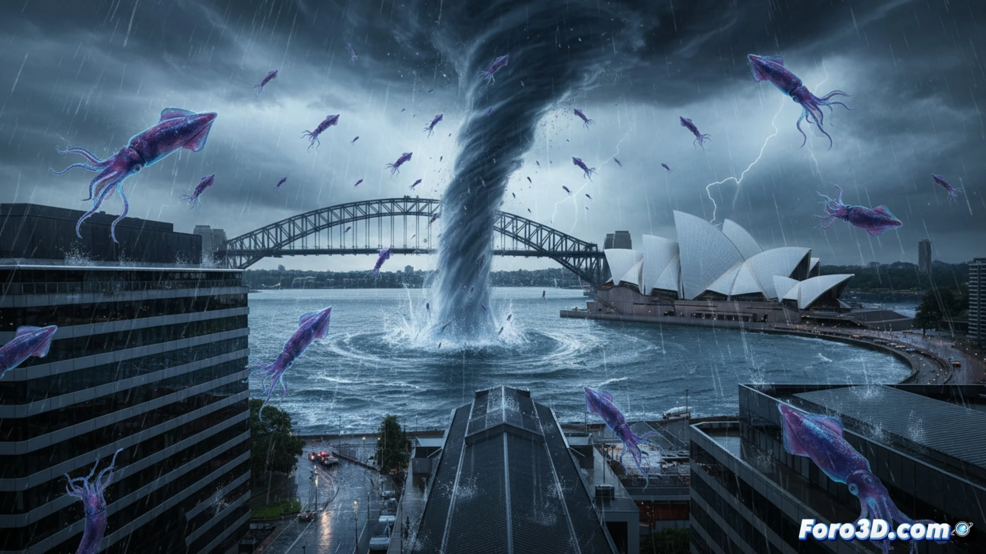 Simulación VFX de lluvia de calamares en Sídney con Houdini y RealFlow, cuerpos blandos y fluidos