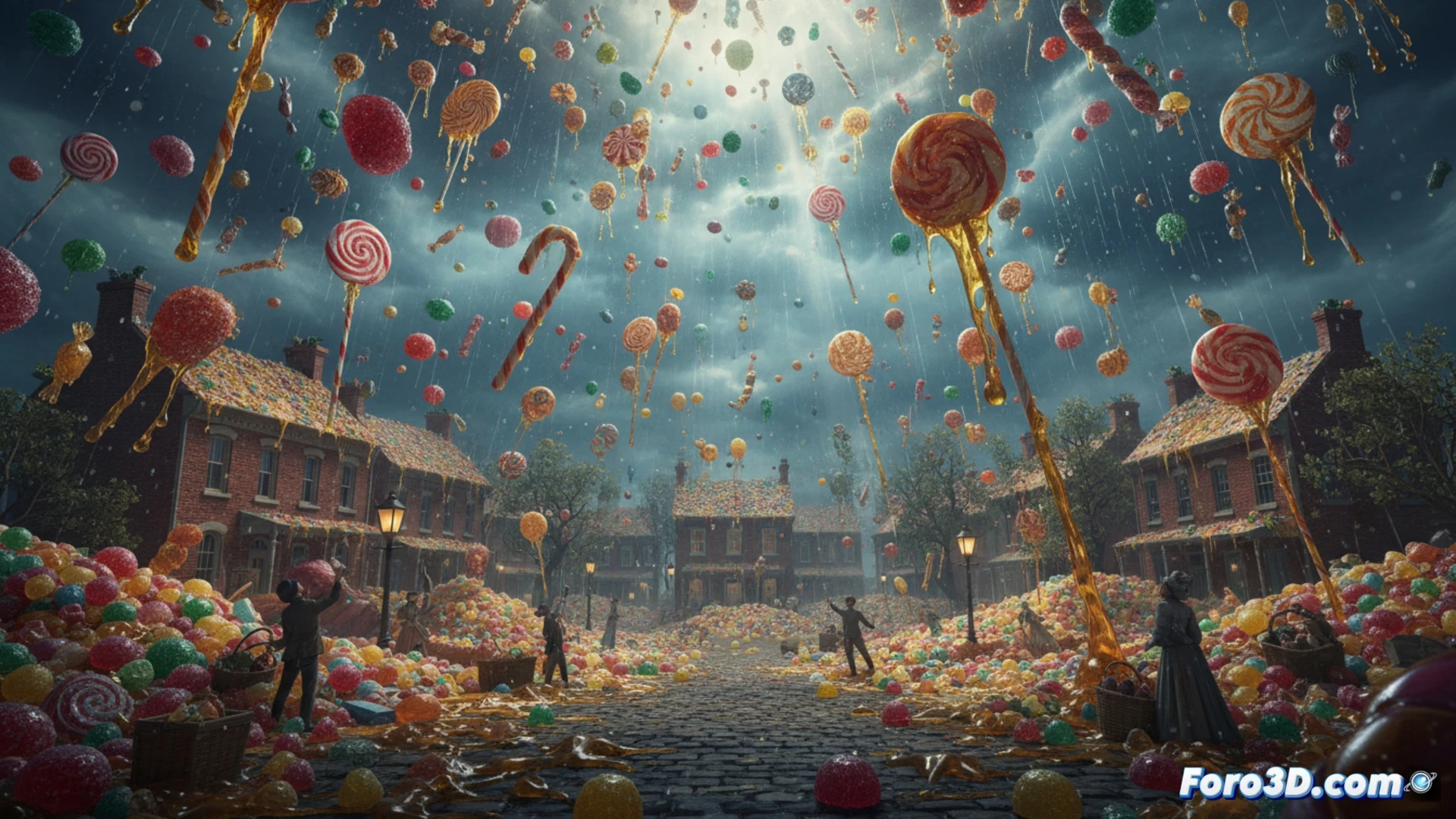 Simulación VFX de lluvia de caramelos en 1857 con Houdini Grains, RealFlow y Maya XGen, paisaje histórico