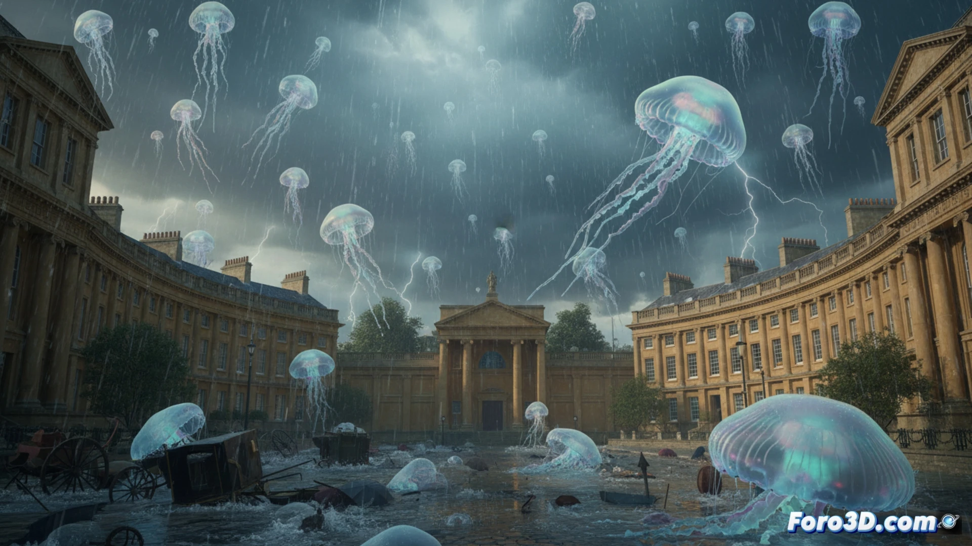 Recreación 3D de lluvia de medusas en Bath, 1894, con simulación de tormenta y criaturas gelatinosas cayendo del cielo