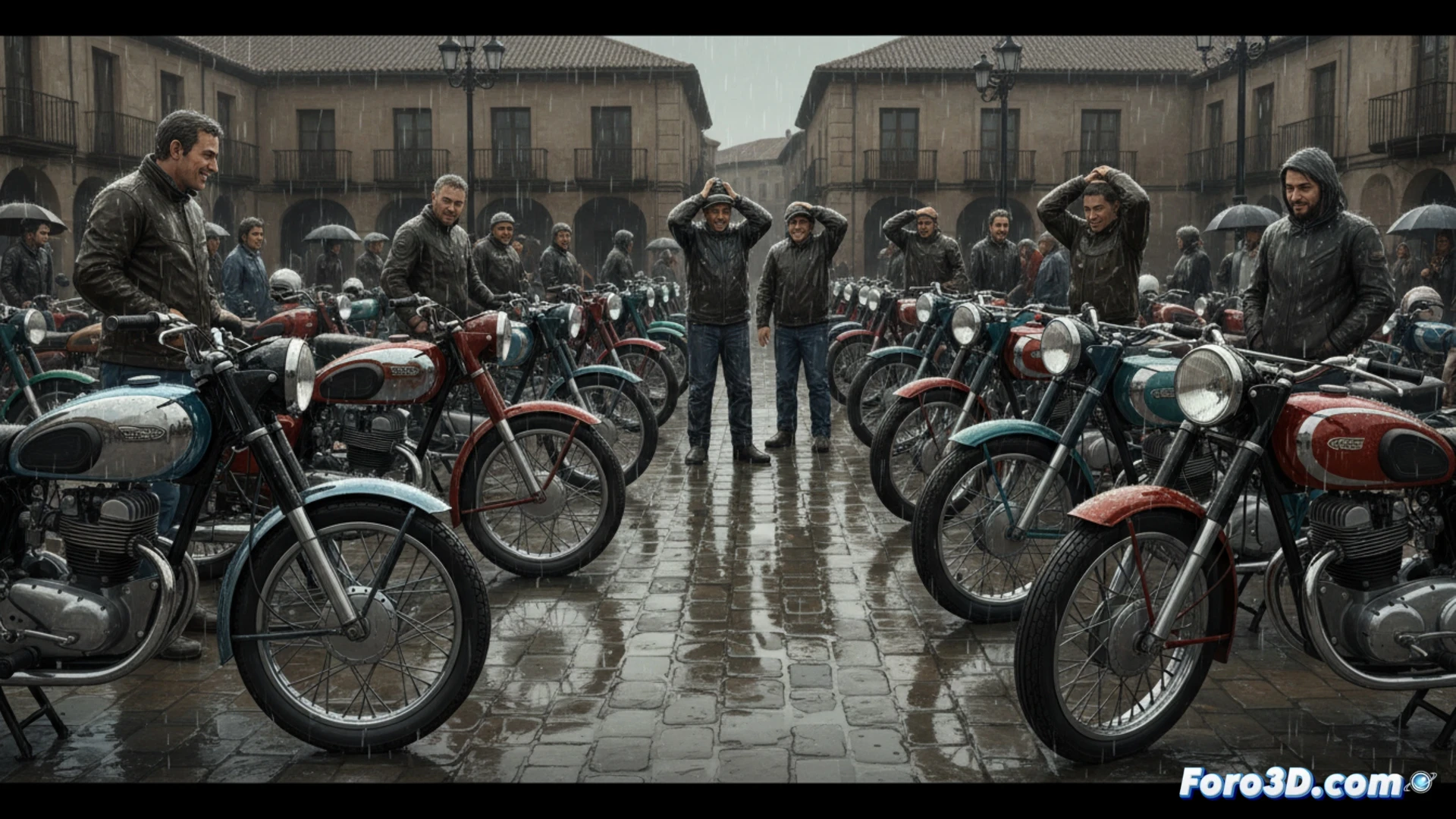 Una lluvia fina empapa una plaza de Daimiel, iluminando el brillo del cromo y la chapa de motos clásicas. Decenas de aficionados, sin paraguas, admiran las máquinas restauradas bajo el agua, con el Ayuntamiento al fondo.