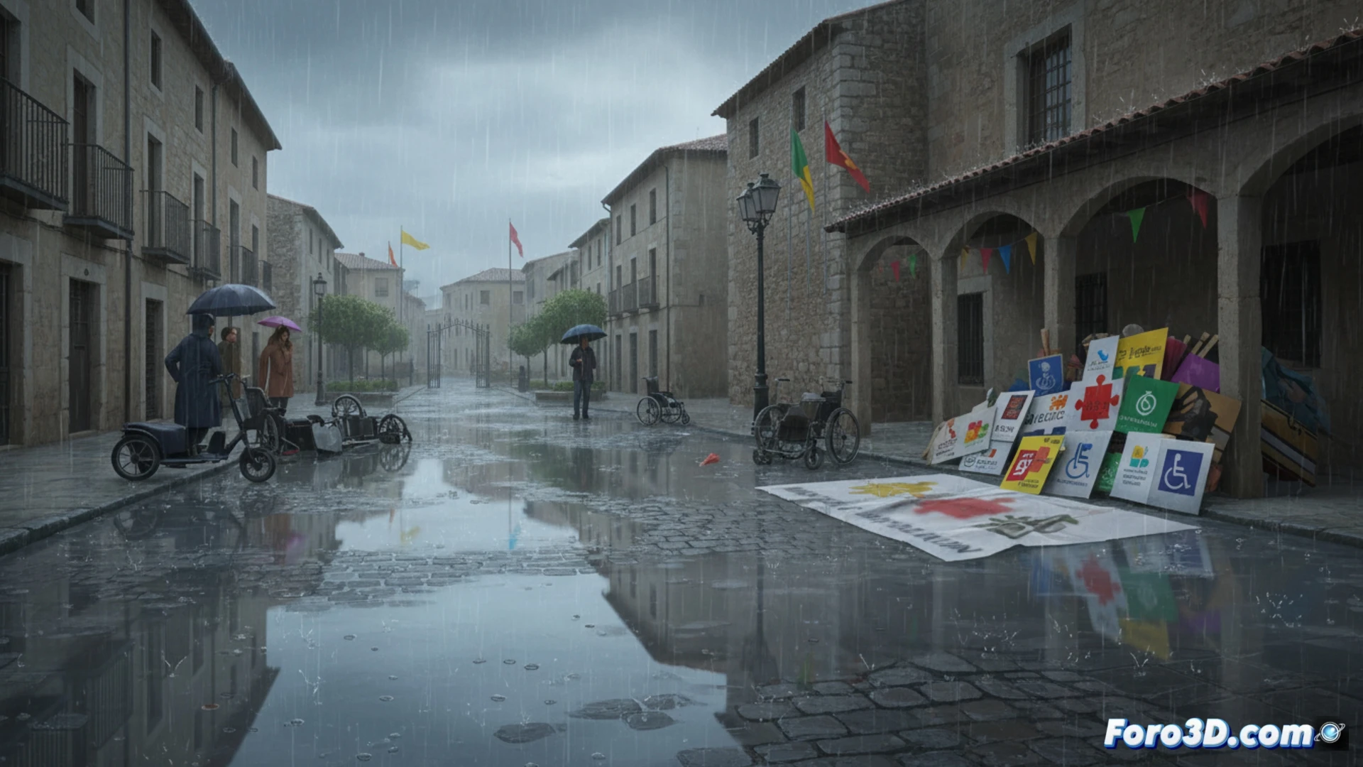 Un cartel mojado de la Marcha por la Inclusión yace en el suelo vacío, bajo una lluvia intensa en Valdepeñas.