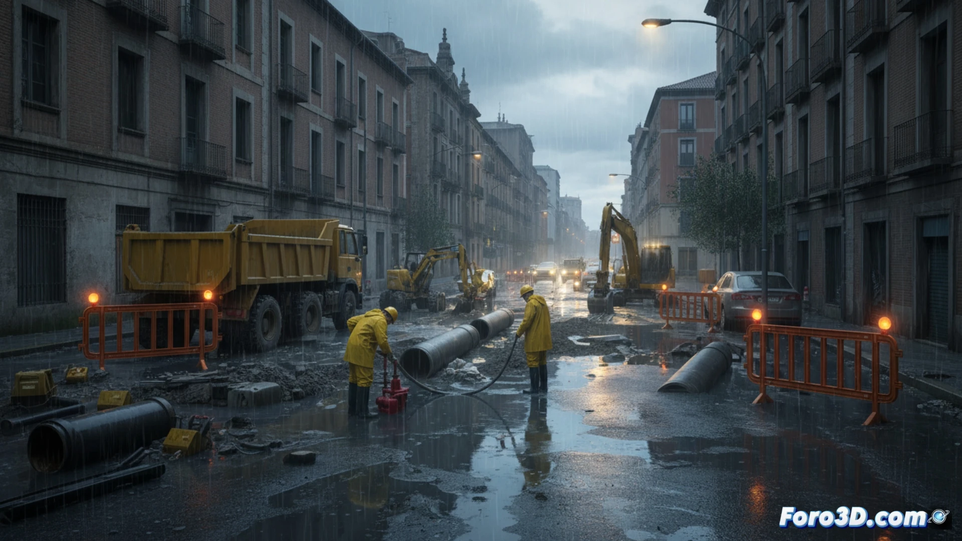 Calle inundada en Zaragoza con coches semisumergidos y agua turbia bajo un cielo gris; al fondo, obras y contenedores de basura flotando.