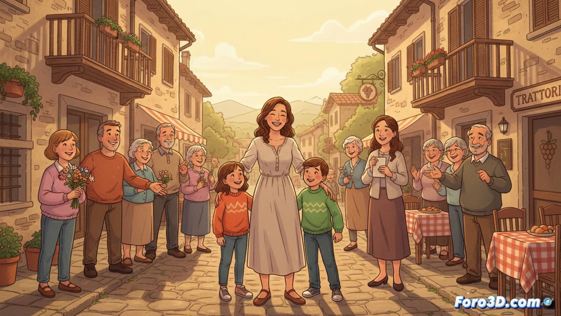 Una mujer abraza a dos niños pequeños en un paisaje verde de Friuli, con una vivienda rural al fondo y un cartel de 'Localizados sanos y salvos' en primer plano.
