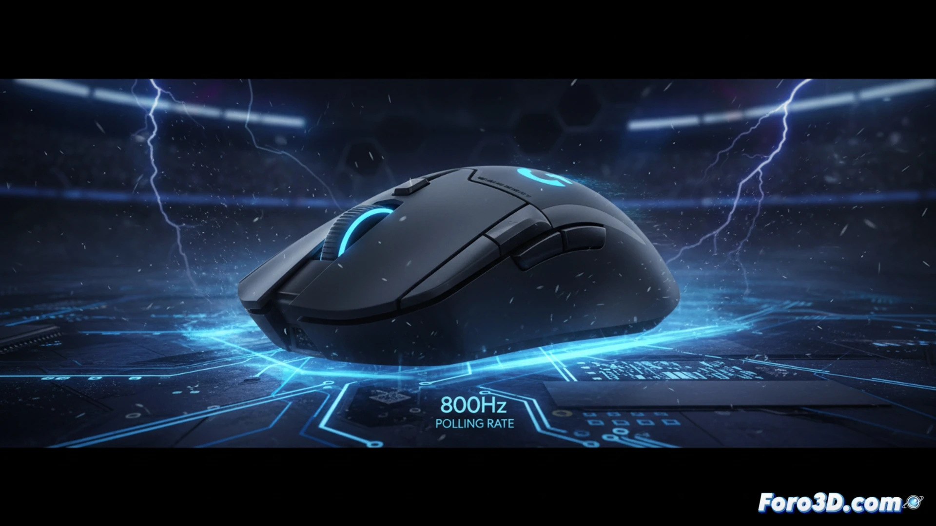 Professional esports player hand gripping Logitech G Pro X Superlight 2 DEX mouse during intense competitive match, mouse showing ergonomic right-handed contour with textured side grips, high-speed flick shot action on gaming mousepad, 8000Hz polling rate visualized as rapid glowing pulses emanating from optical sensor, mouse cable floating weightlessly demonstrating ultralight 60g construction, RGB-lit keyboard and monitor in background showing real-time FPS gameplay, dramatic tournament stage lighting with blue and purple neon accents, macro photography focus on mouse clicks and scroll wheel, motion blur on player wrist movement, photorealistic engineering visualization, hyperdetailed surface textures, cinematic depth of field