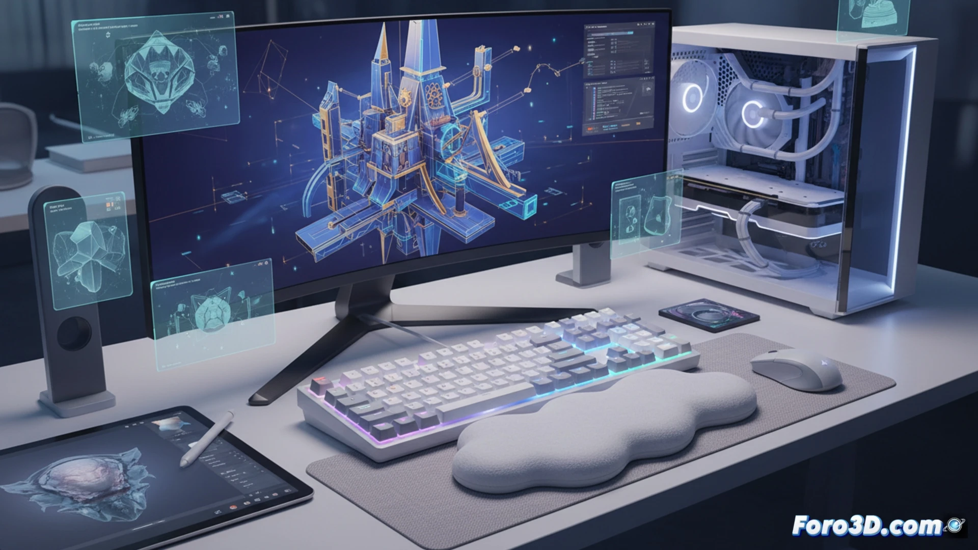 Teclado Logitech G715 Aurora con iluminacion RGB suave y reposamuñecas esponjoso en escritorio de diseño