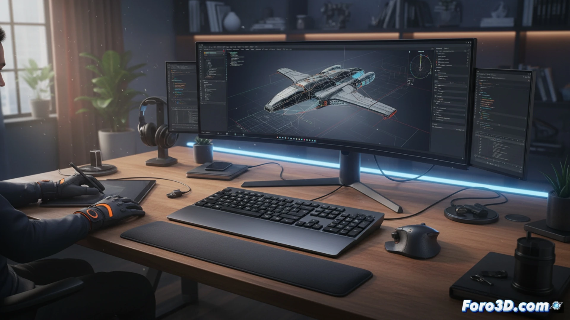 Teclado Logitech MX Keys S plateado junto a monitor con software 3D abierto