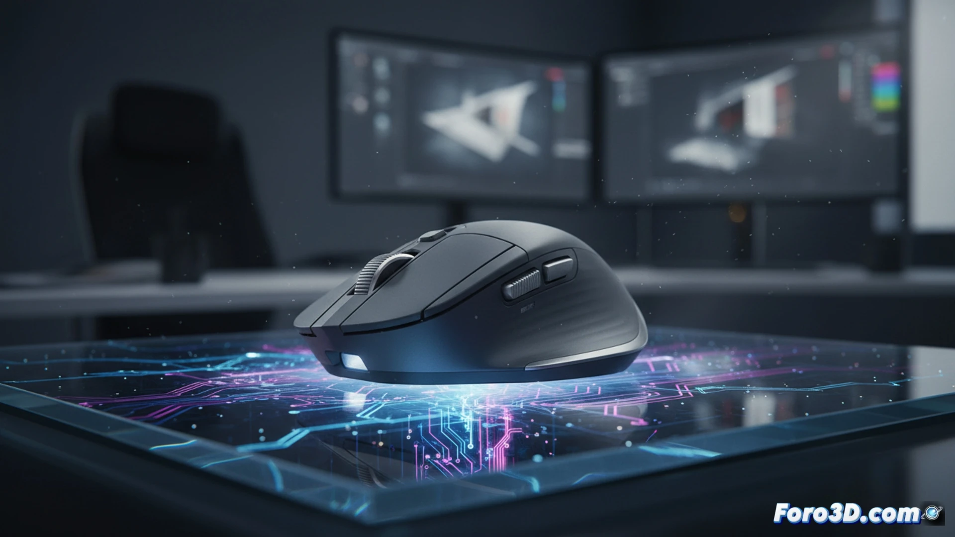 logitech mx master 3s mouse gliding smoothly across a transparent glass desktop surface, 8000 dpi optical sensor beam visible beneath, hand in action performing precise graphic design movement, electromagnetic scroll wheel rotating silently, adobe premiere pro timeline and photoshop layers visible on monitor in background, minimal desk setup with sleek mechanical keyboard and stylus, cinematic photorealistic technical illustration, soft diffused studio lighting highlighting matte dark grey metallic texture, sharp focus on mouse underside and sensor, professional creative workflow atmosphere, ultra-detailed product visualization