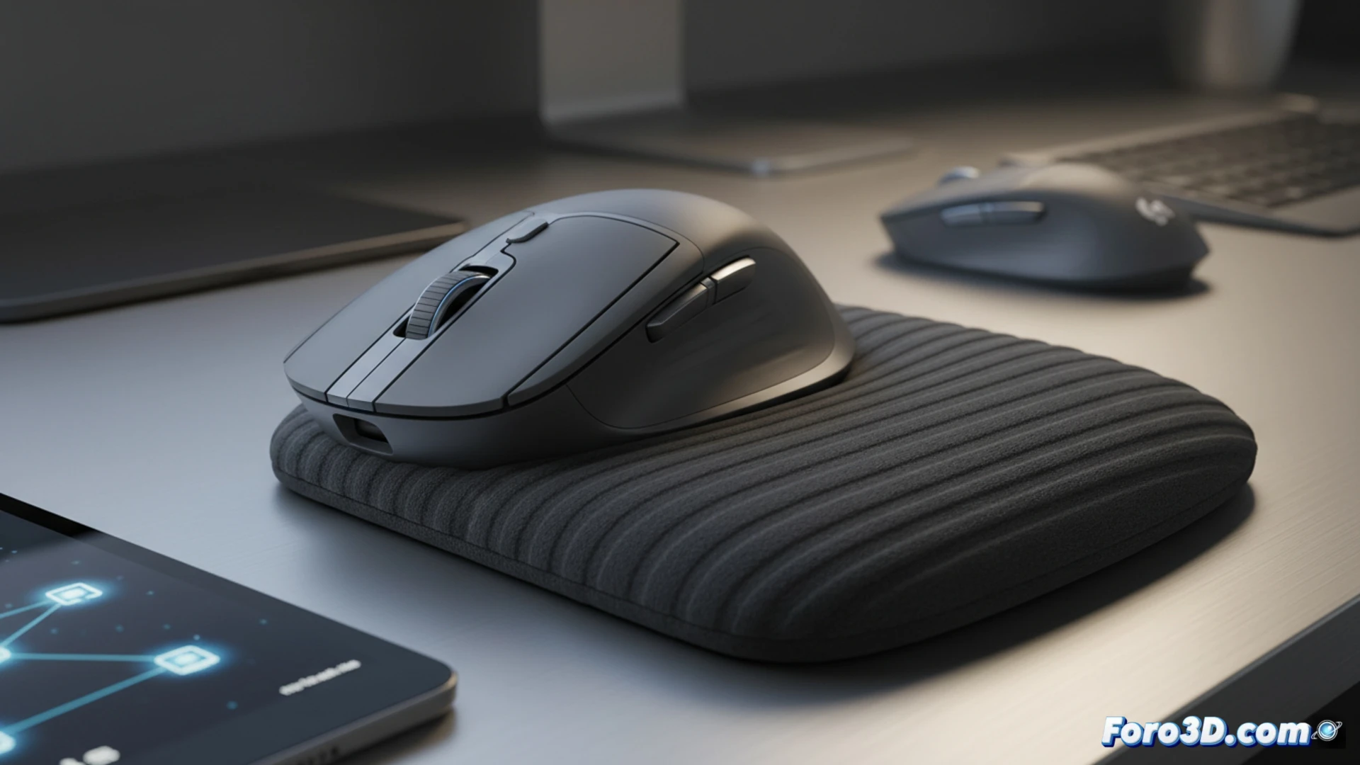 close-up shot of a hand resting on the Logitech M850L mouse, the palm pressing into a high-density foam pad with soft fabric texture, while a second hand holds a smartphone showing a wireless connection setup screen, on a desk with a laptop and a silent click indicator, photorealistic technical illustration, dramatic side lighting emphasizing the foam compression and fabric weave, ultra-detailed ergonomic curves, gentle hand tension lines visible during use, cinematic product visualization