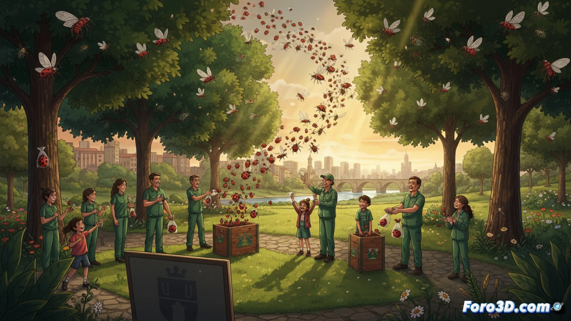 technical illustration of biological pest control in urban park, workers releasing ladybugs and predatory anthocoris nemoralis insects from small containers onto tree branches, insects crawling on leaves while attacking aphids, close-up action shot showing natural predation process, green foliage background with morning dew, sunlight filtering through canopy, protective gloves and release tools visible, engineering visualization style, hyperrealistic macro detail, soft natural lighting, shallow depth of field, cinematic composition