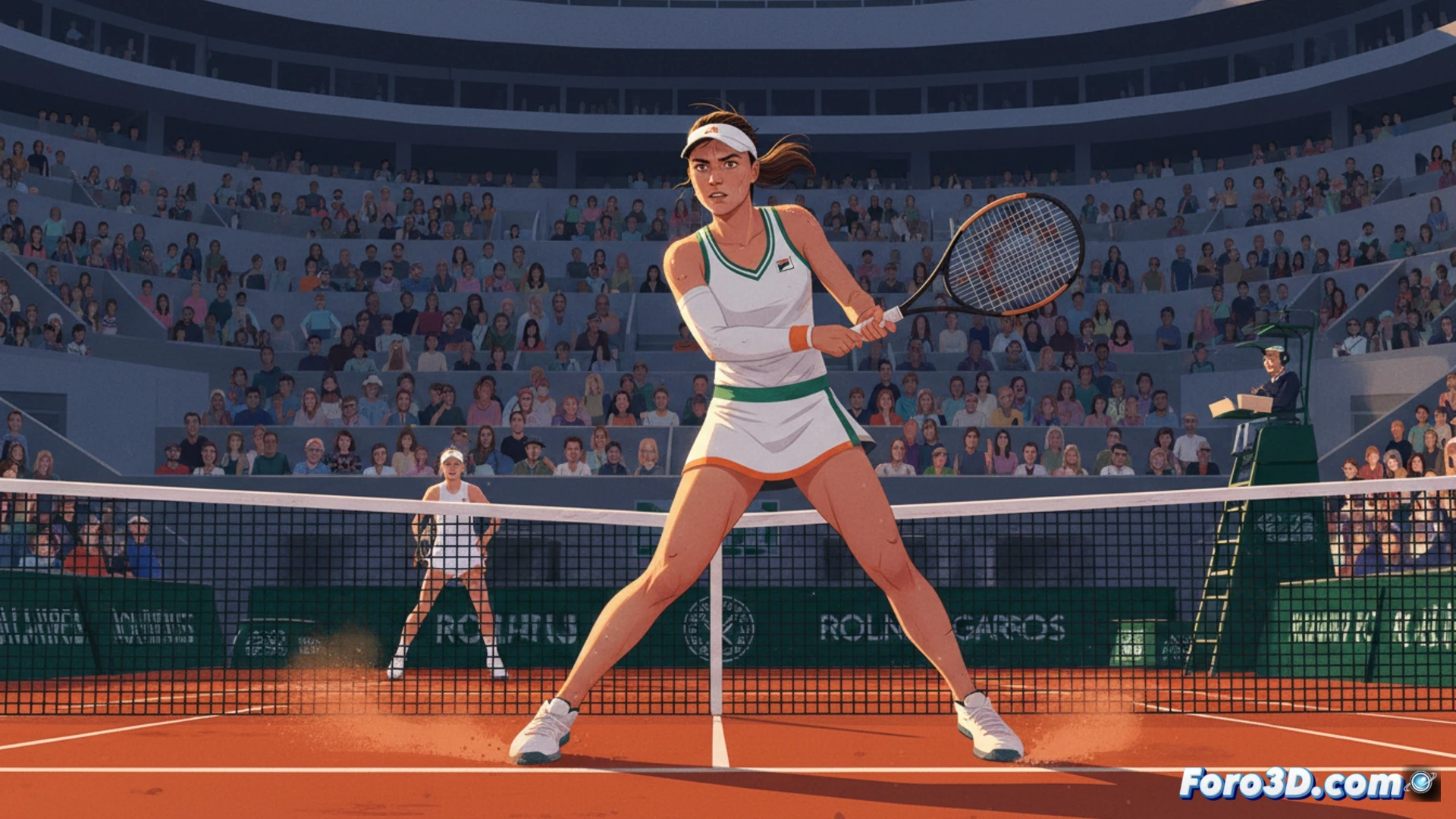 Loïs Boisson striking a forehand on Court Philippe-Chatrier, red clay dust spraying from her landing foot, her racket follow-through mid-swing, Kalinskaya visible across the net in a low defensive stance, the net netting sharply focused with clay particles suspended in sunlight, stadium stands blurred in background, photorealistic sports photography, golden hour lighting casting long shadows on clay, high-speed shutter effect freezing motion, sweat glistening on both players, dynamic diagonal composition emphasizing action and tension, technical precision in racket string tension and clay surface texture, cinematic match-day atmosphere