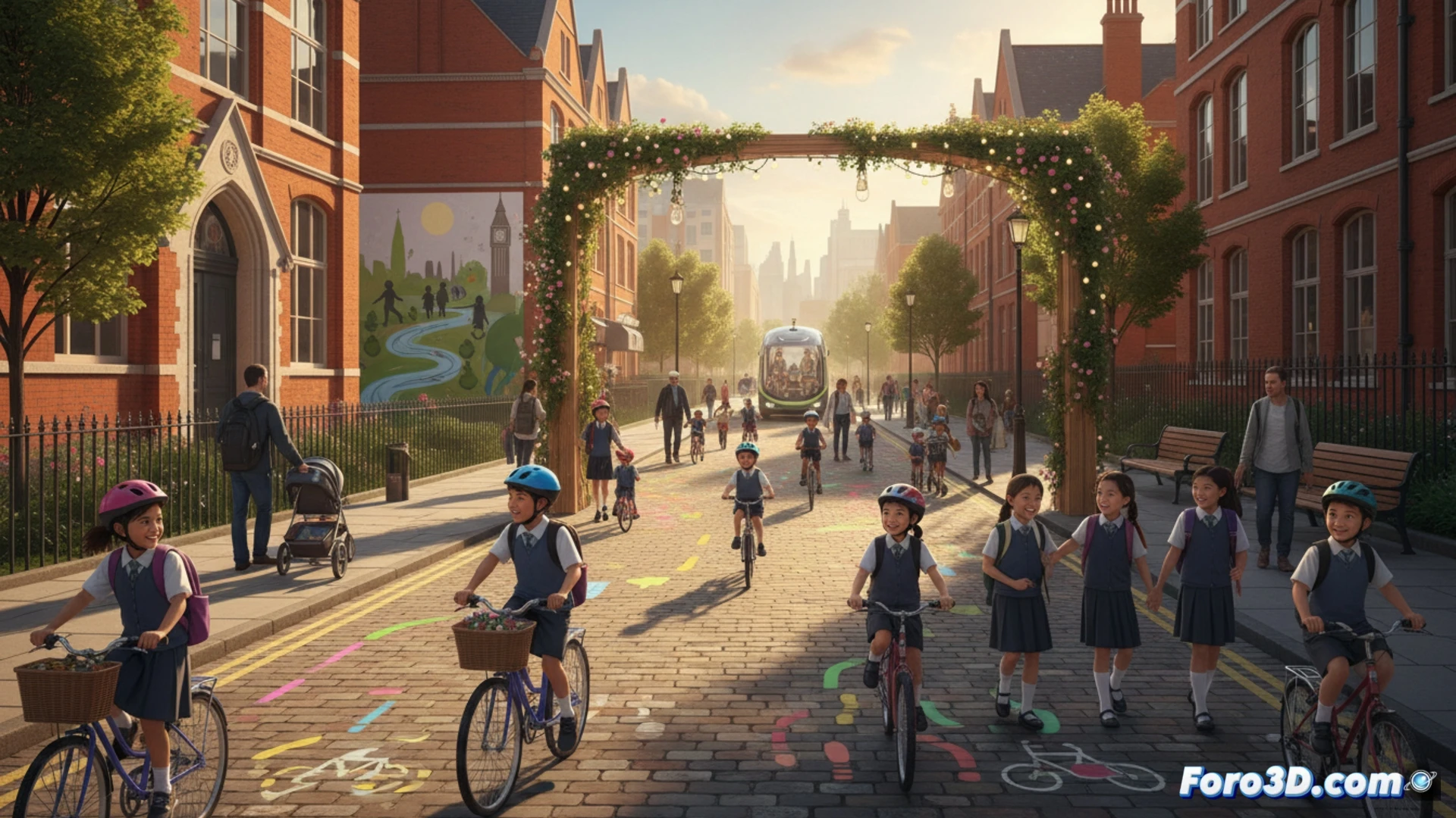 children walking to school along a car-free street during drop-off time, school entrance with barriers and crossing guards, bicycles and scooters parked near gates, road closed sign with foldable barrier, morning sunlight casting long shadows, photorealistic urban scene, clean air and safe pedestrian flow, vibrant city atmosphere, detailed brick buildings and green trees, wide-angle perspective showing active commute, technical illustration style