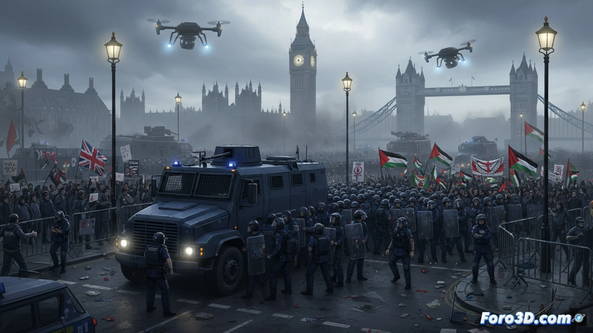 Descripción: Calle londinense con dos multitudes separadas por policías antidisturbios, drones sobrevuelan y vehículos blindados al fondo.