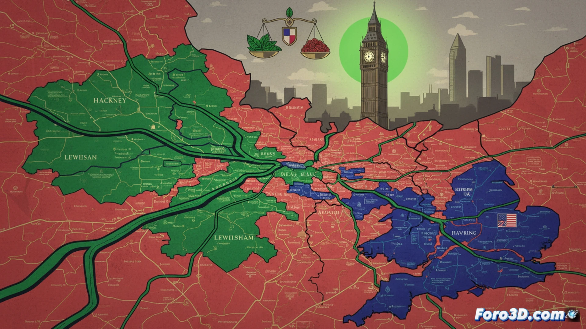 Mapa de Londres con distritos laboristas en rojo reduciéndose, mientras zonas verdes y azules reformistas crecen en Hackney, Lewisham y Havering.