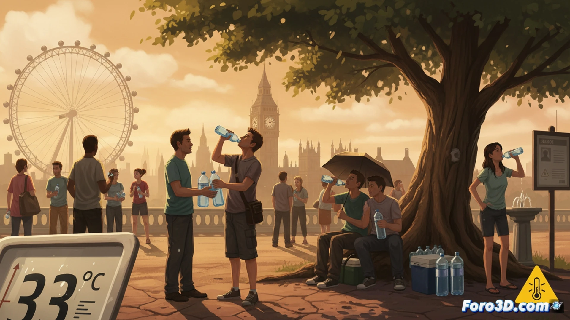 London street scene during 33°C heatwave, elderly person drinking water from a bottle while sitting on a bench, ambulance vehicle in background with flashing lights, paramedic attending to a collapsed patient on pavement, digital thermometer display showing 33°C on a building facade, hydration station with water bottles and medical cross icon, cinematic photorealistic visualization, bright harsh sunlight casting sharp shadows, heat haze distortion over asphalt, realistic urban environment with warning posters on lampposts, dramatic emergency lighting, ultra-detailed textures, technical illustration style