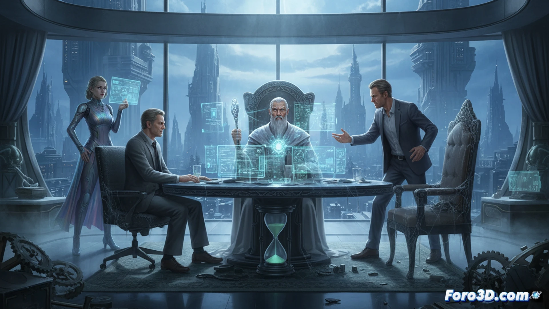 frozen generational office tower interior, elderly CEO in a glass corner office refusing to retire, middle-aged son standing outside with a tablet showing a succession plan app, glowing holographic org chart flickering with blocked promotion paths, young employees in cubicles watching a livestream of an antiaging pill launch, dust settling on unused inheritance documents, cold blue-white fluorescent light, polished concrete floors reflecting sterile screens, cinematic photorealistic architectural visualization, tense stillness, sharp shadows, muted corporate colors, ultra-detailed glass reflections, dramatic contrast between ageless faces and outdated technology