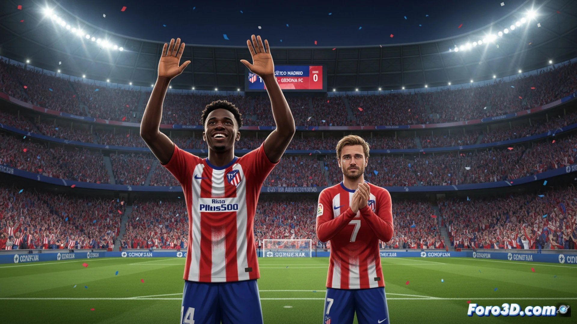 Ademola Lookman celebrando un gol en el Riyadh Air Metropolitano, Antoine Griezmann corriendo hacia él señalando el escudo del Atlético de Madrid, fondo de graderío con aficionados agitando bufandas rojiblancas, balón de fútbol en la red de la portería, césped con marcas de tácticas de juego, estadio iluminado por focos nocturnos, cámara en ángulo bajo capturando la acción, estilo cinematográfico photorealistic, movimiento congelado en el momento exacto del abrazo, detalles de sudor y textura de camisetas, luz dramática de estadio.