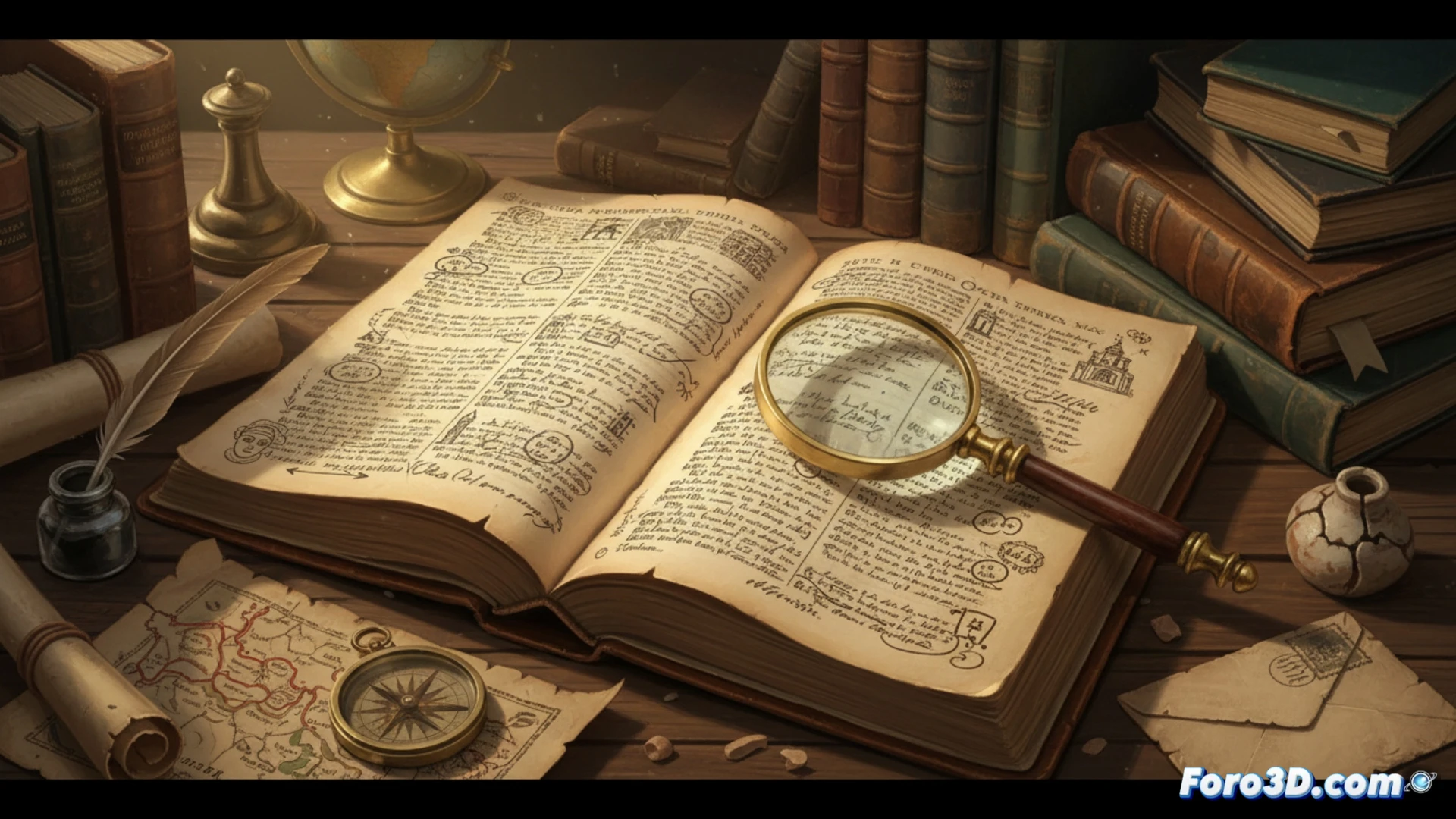 Primer plano de un libro antiguo abierto con anotaciones manuscritas al margen, junto a una pluma de ave.