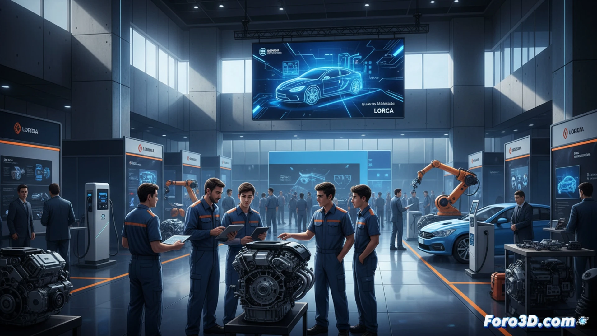 Modern automotive workshop scene during technical demonstration, mechanic in blue overalls examining open hood of a hybrid vehicle while students observe, diagnostic tablet showing engine data on windshield, industrial vehicle lift with agricultural tractor in background, hydraulic tools on workbench, bright LED ceiling lights illuminating the space, photorealistic technical visualization, sharp focus on mechanical components and digital interface, professional training environment, clean organized garage setting