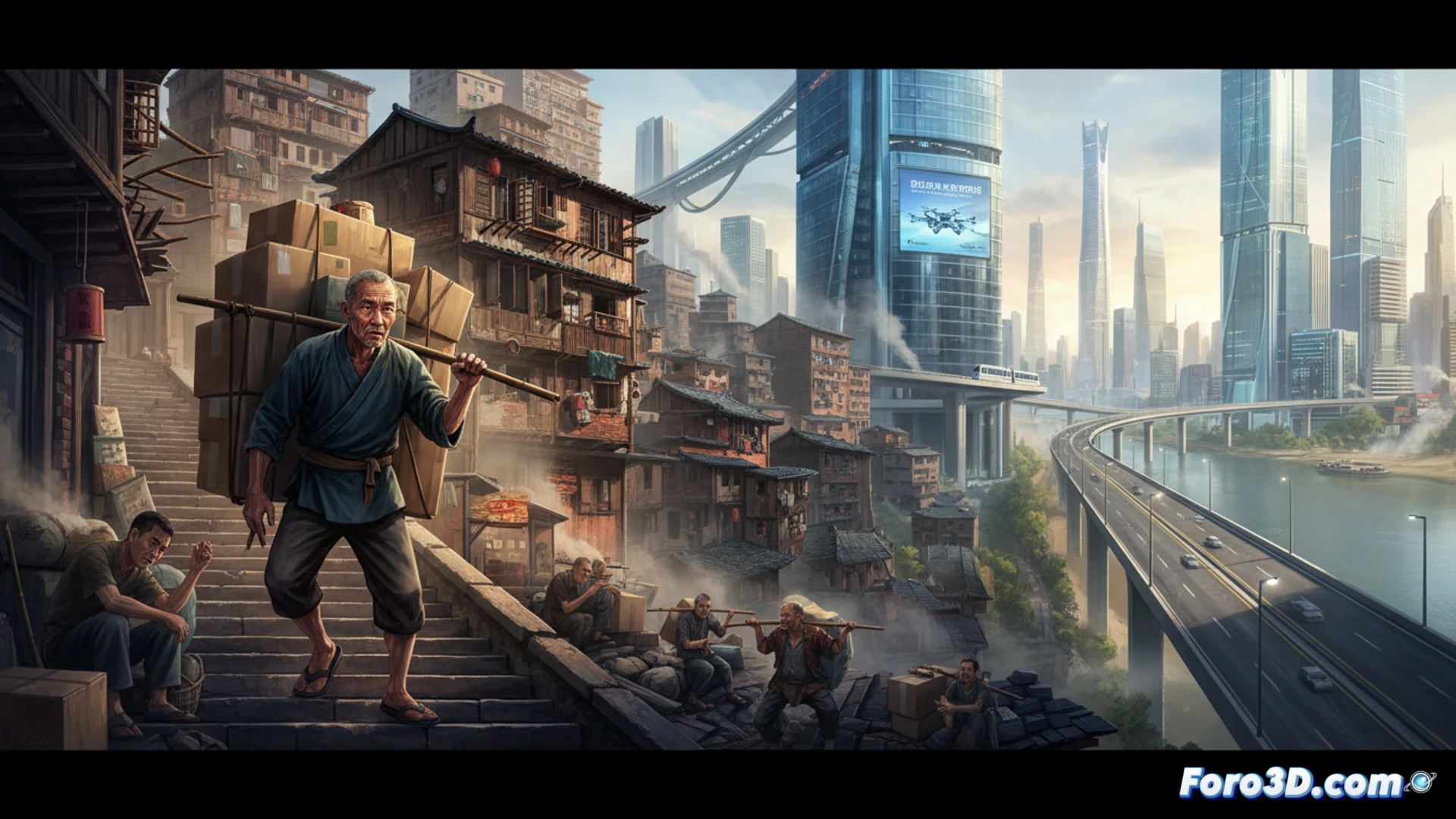 chongqing bangbang porter carrying heavy bamboo poles on shoulders up steep stone stairs, modern electric scooters and delivery drones passing by in blurred motion, traditional metal hook scales and ropes contrasting with smartphone navigation devices, sweat droplets visible on weathered face, worn cloth shoes on wet cobblestones, photorealistic cinematic street scene, dramatic chiaroscuro lighting from neon signs and dusk sky, deep shadows emphasizing the physical strain, high-contrast urban textures, realistic skin pores and fabric details, shallow depth of field focusing on the porter while modern vehicles fade into background