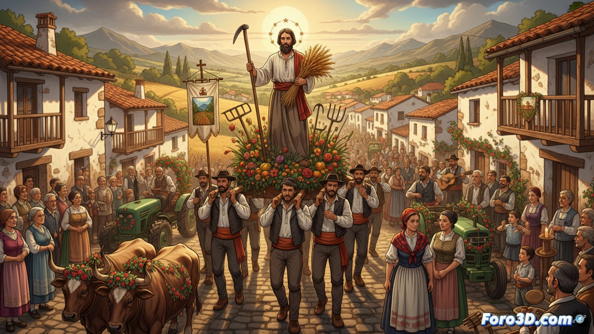 Procesión rural de San Isidro Labrador en Los Brezos, agricultores arrastrando un arado de madera decorado con flores blancas mientras un tractor antiguo avanza lentamente detrás, campesinos vestidos con trajes tradicionales sosteniendo herramientas de labranza, humo de incienso mezclándose con polvo de tierra seca, iglesia de piedra al fondo con campanario iluminado por luz dorada de atardecer, niños esparciendo semillas de trigo sobre el camino empedrado, cinematic photorealistic, profundidad de campo, texturas rugosas en madera y metal, luz cálida contrastando con sombras alargadas, atmósfera devota y comunitaria.