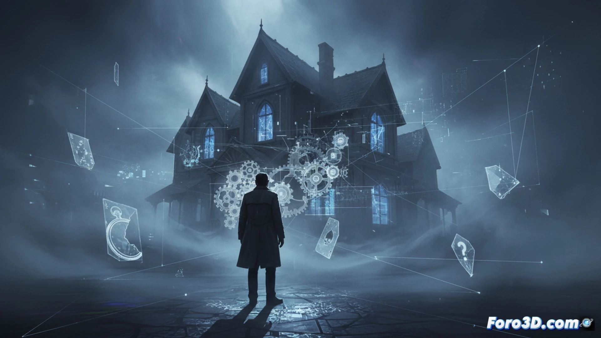 Cinematic photorealistic scene of a film editing suite during post-production, a VFX artist adjusting digital layers on a large curved monitor, transparent wireframe ghost characters floating over a live-action dinner table, green screen backdrop partially visible, motion tracking markers on actor costumes, holographic timeline interface with glowing nodes, PFX logo subtly embedded in the corner of the workstation, ultra-detailed keyboard and stylus in hand, dramatic low-key lighting with blue and amber accents, demonstrating invisible visual effects integration, technical illustration style with clean lines and realistic textures