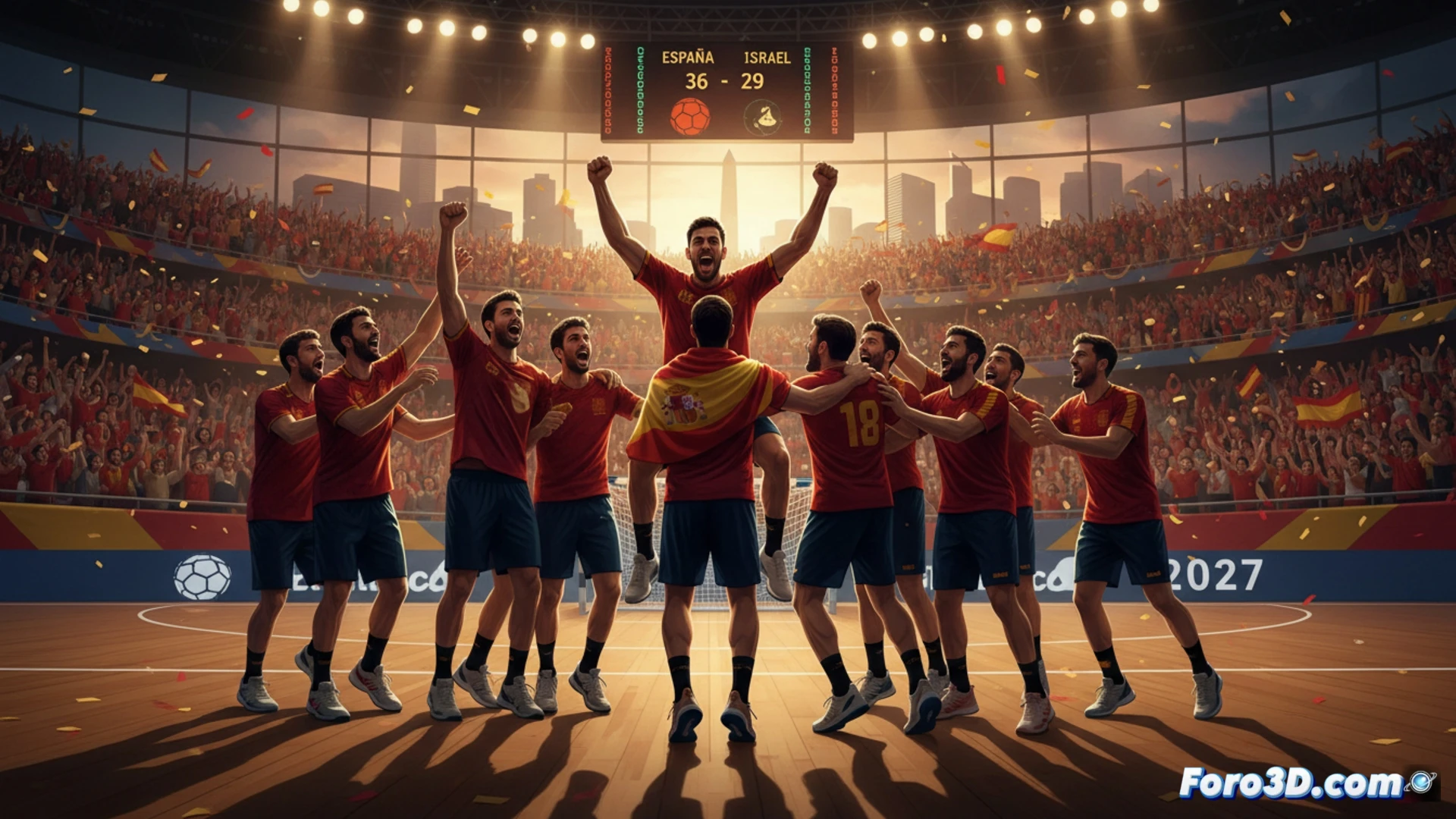 Jugadores de Los Hispanos celebran la clasificación al Mundial 2027 tras vencer 29-36 a Israel en Buenos Aires.