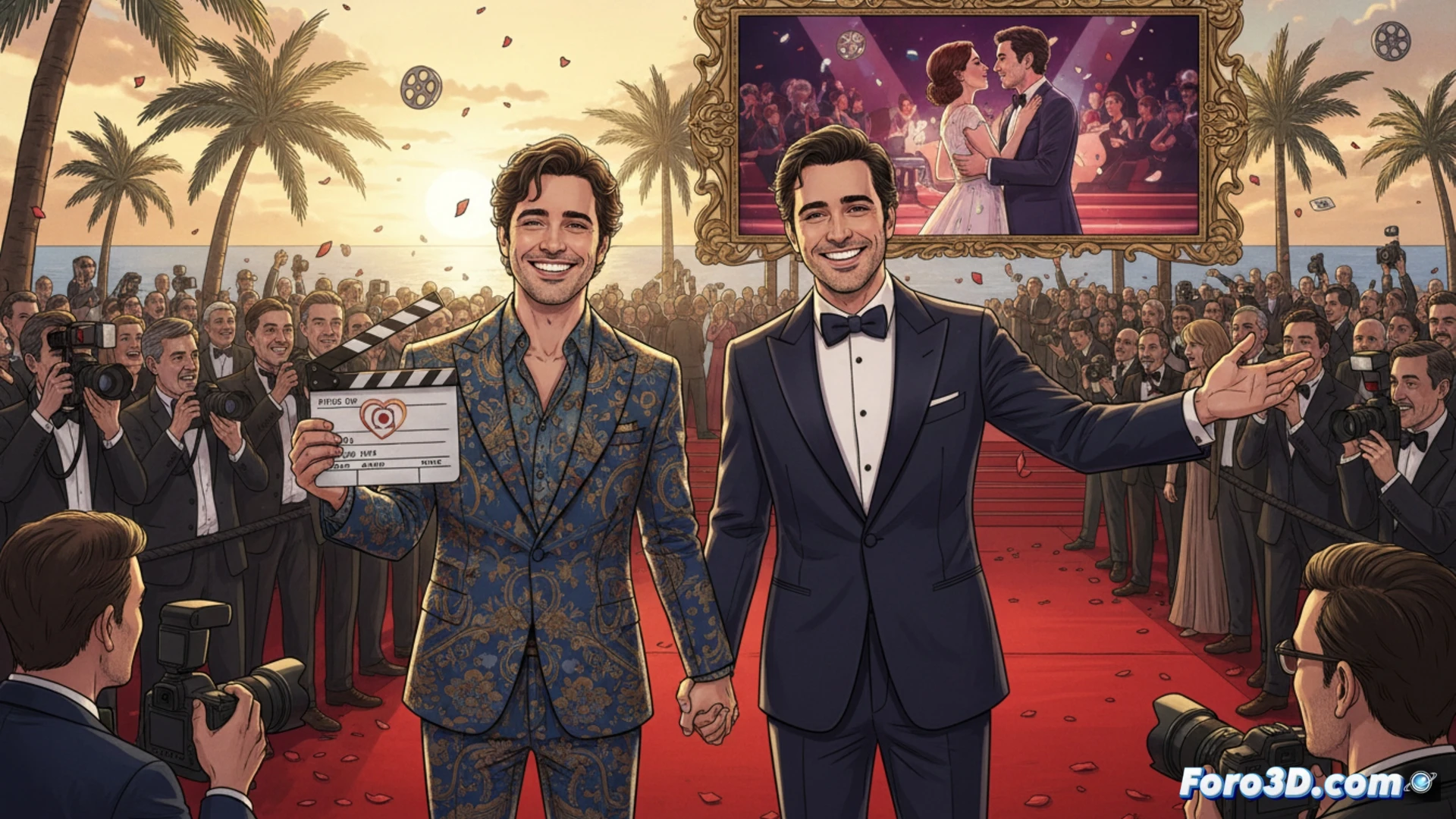 Javier Calvo y Javier Ambrossi caminando juntos por la alfombra roja de Cannes durante el atardecer, uno sosteniendo un claquet digital con detalles de fibra de carbono mientras el otro porta un guion encuadernado en cuero, ambos vistiendo trajes negros a medida, mostrando un beso lateral mientras la luz dorada del sol ilumina sus perfiles, al fondo el Palacio de Festivales con reflectores de cine apuntando al cielo, estilo cinematic photorealistic, texturas satinadas en las solapas, lente gran angular con desenfoque de fondo, dramático contraste entre luces cálidas y sombras azules, simbolizando la unión entre amor y producción televisiva