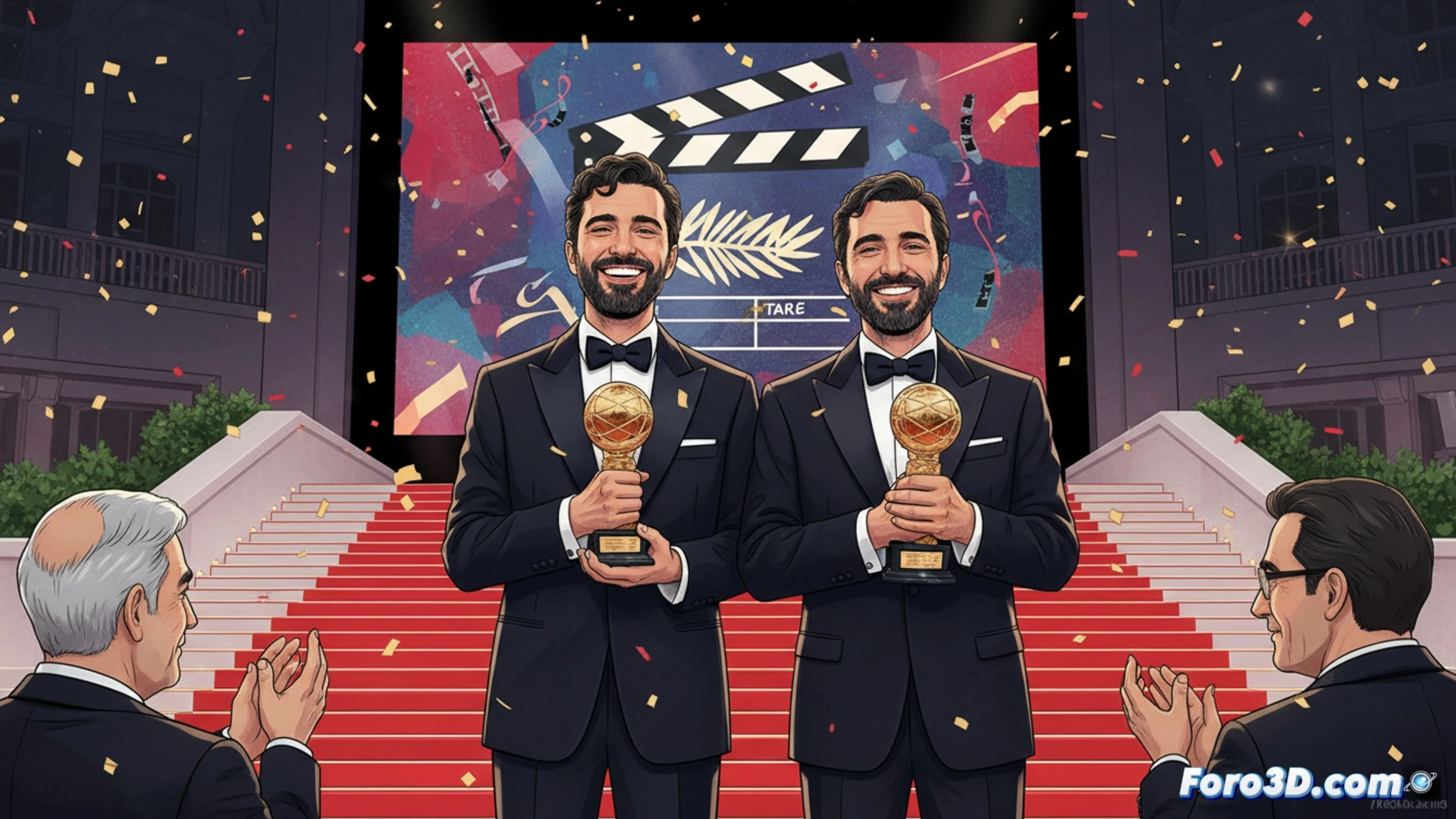 cinematic scene of two directors holding a shared golden award on a Cannes red carpet, one gesturing toward a film projector beam while a Polish filmmaker smiles nearby, film reels and editing software interface glowing on a monitor in the background, 35mm camera rig on a tripod capturing the moment, photorealistic technical render, dramatic spotlight illuminating the trio, deep blue night sky with festival lights, motion blur on crowd silhouettes, ultra-detailed textures on suits and wooden stage floor