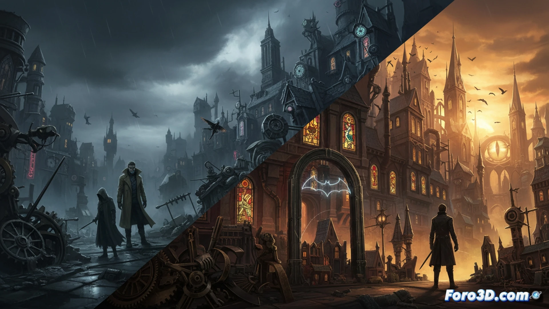 prototipos de videojuegos fallidos sobre una mesa de trabajo digital, mostrando un visor de nivel de Thief 4 con sombras y linternas rotas junto a una escena cyberpunk de Blade Runner con neón roto, mientras un diseñador borra códigos en una tableta gráfica y un monitor muestra el logo temprano de Dishonored, herramientas de desarrollo como ratón 3D, teclado mecánico y cables USB dispersos, estilo cinematográfico de ilustración técnica, iluminación dramática azul y naranja, texturas metálicas y de plástico desgastado, atmósfera de estudio de desarrollo nocturno, photorealistic engineering visualization