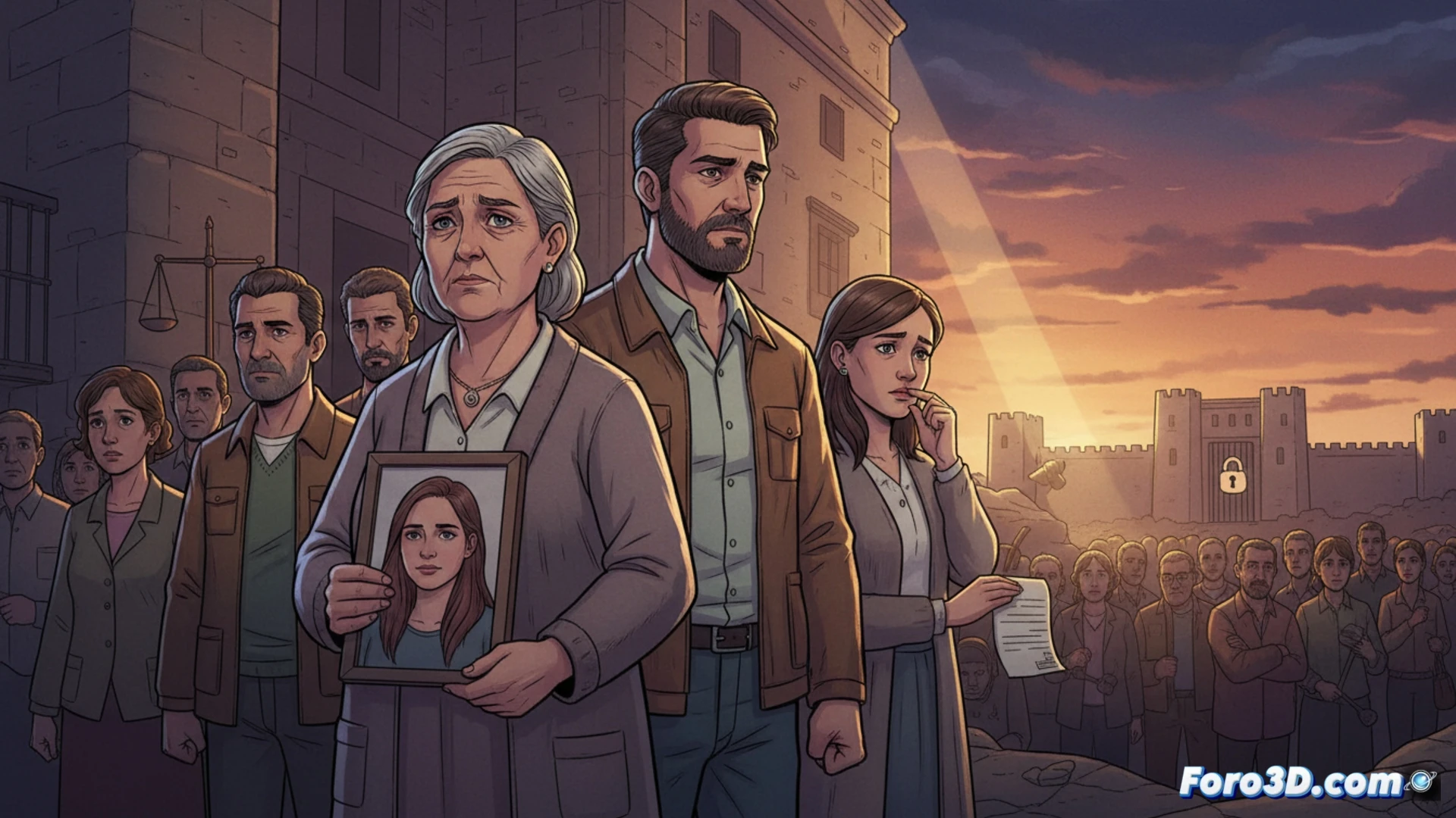 Una escena judicial seria: familiares de la víctima, con gestos de dolor, conversan con abogados en un tribunal; al fondo, el barrio de Los Remedios aparece sombrío.
