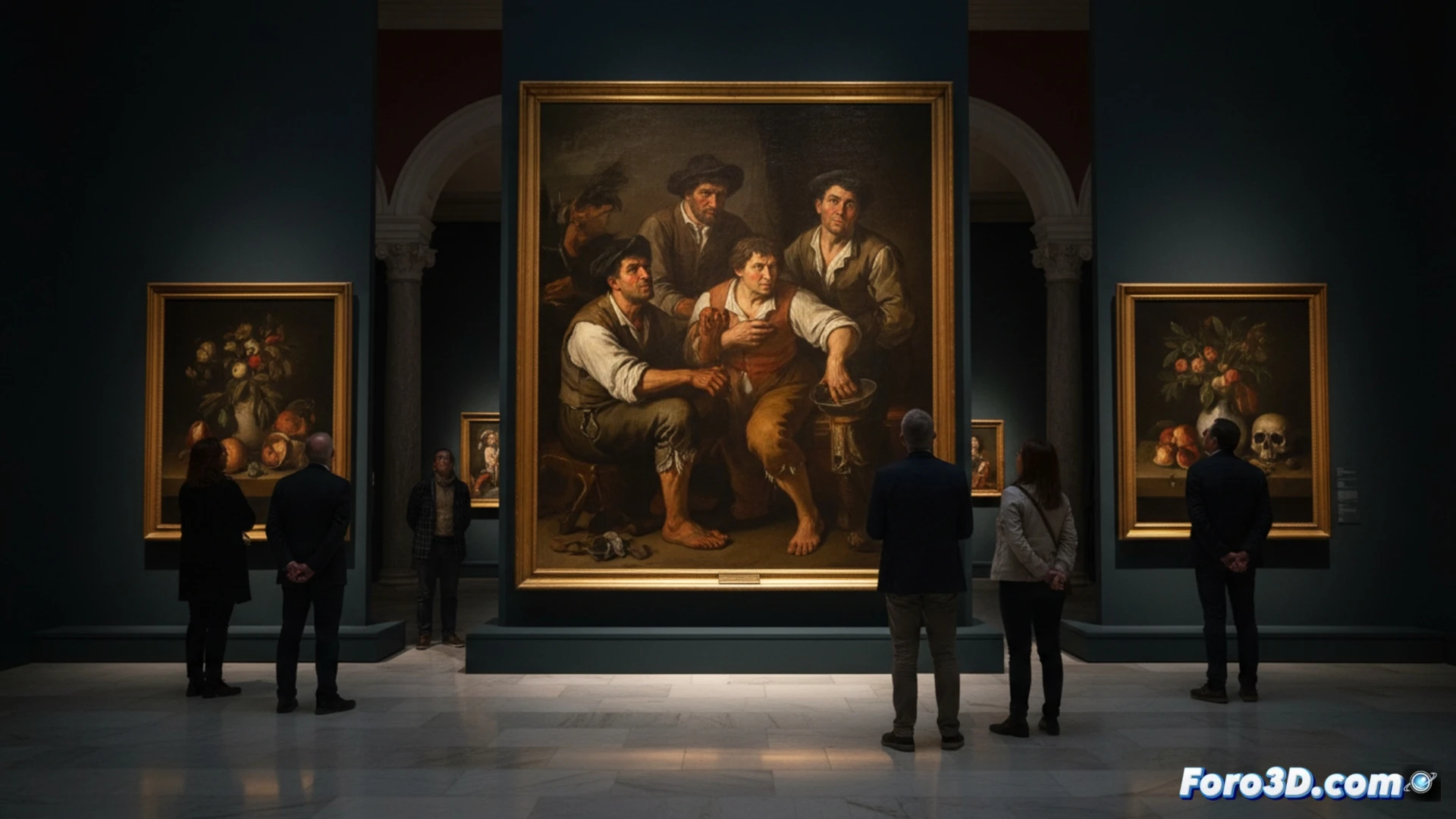 Baroque naturalist painting exhibition scene, two oil paintings by Francisco and Juan Ribalta displayed on museum walls, dramatic tenebrist lighting illuminating the canvases, a museum visitor leaning forward to inspect the detailed brushwork of a saint’s face, light streaming from a single source creating sharp chiaroscuro shadows across the gallery floor, museum label card with technical description visible on the wall nearby, photorealistic interior render, warm ochre and deep umber tones, soft dust particles floating in the light beam, cinematic museum lighting, ultra-detailed frame textures, realistic fabric folds in the paintings, high-contrast baroque atmosphere
