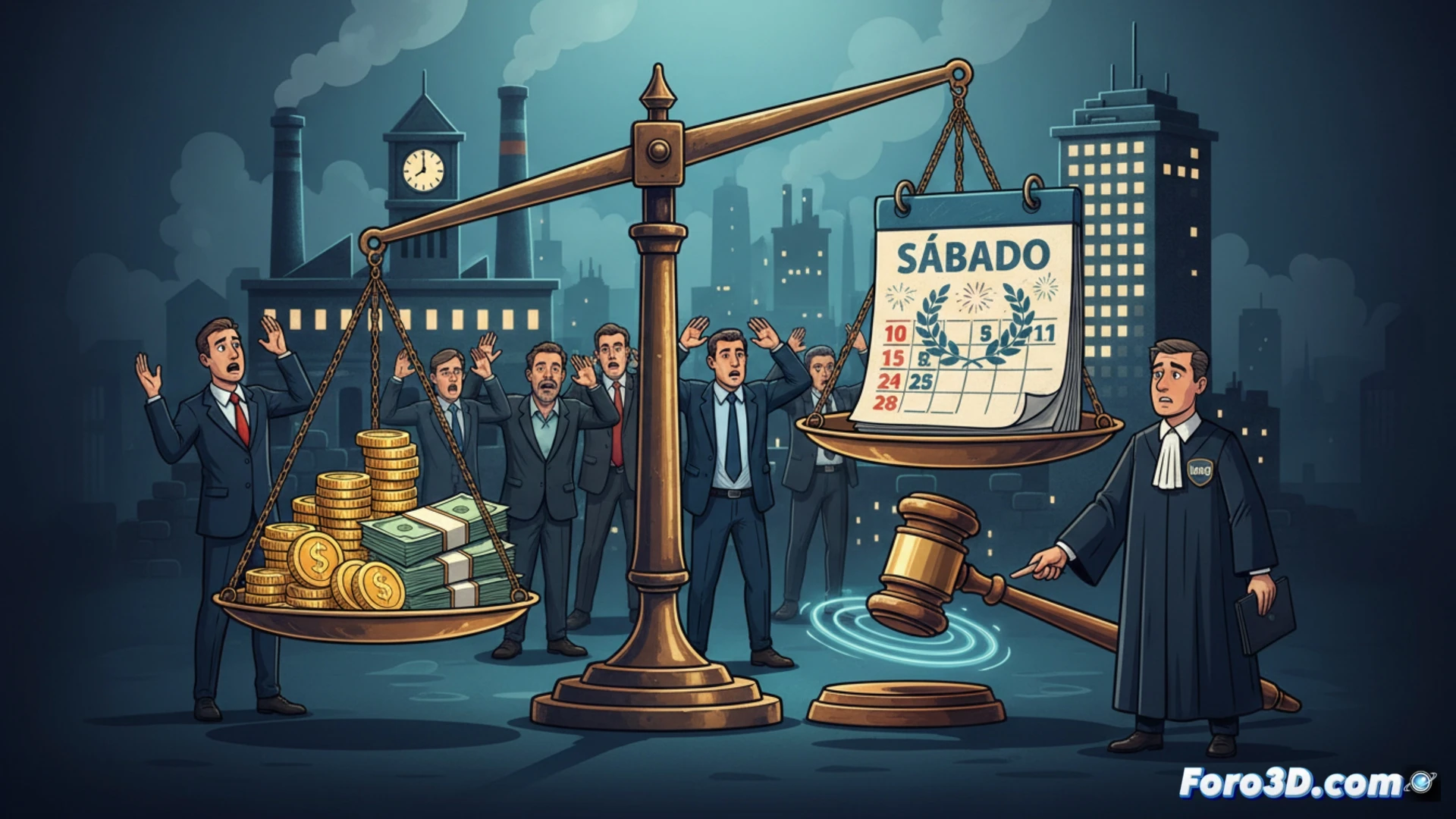 A corporate calendar being torn in half, revealing a missing Saturday labeled as a holiday, while a judge's gavel strikes down on a pile of unpaid time-off slips, scattered across a legal document with fine print, cinematic courtroom lighting, realistic shadows, photorealistic technical illustration, detailed paper textures, dramatic contrast between the torn edges and the gavel impact, action frozen mid-strike, debris of paper fragments suspended in air, professional legal atmosphere