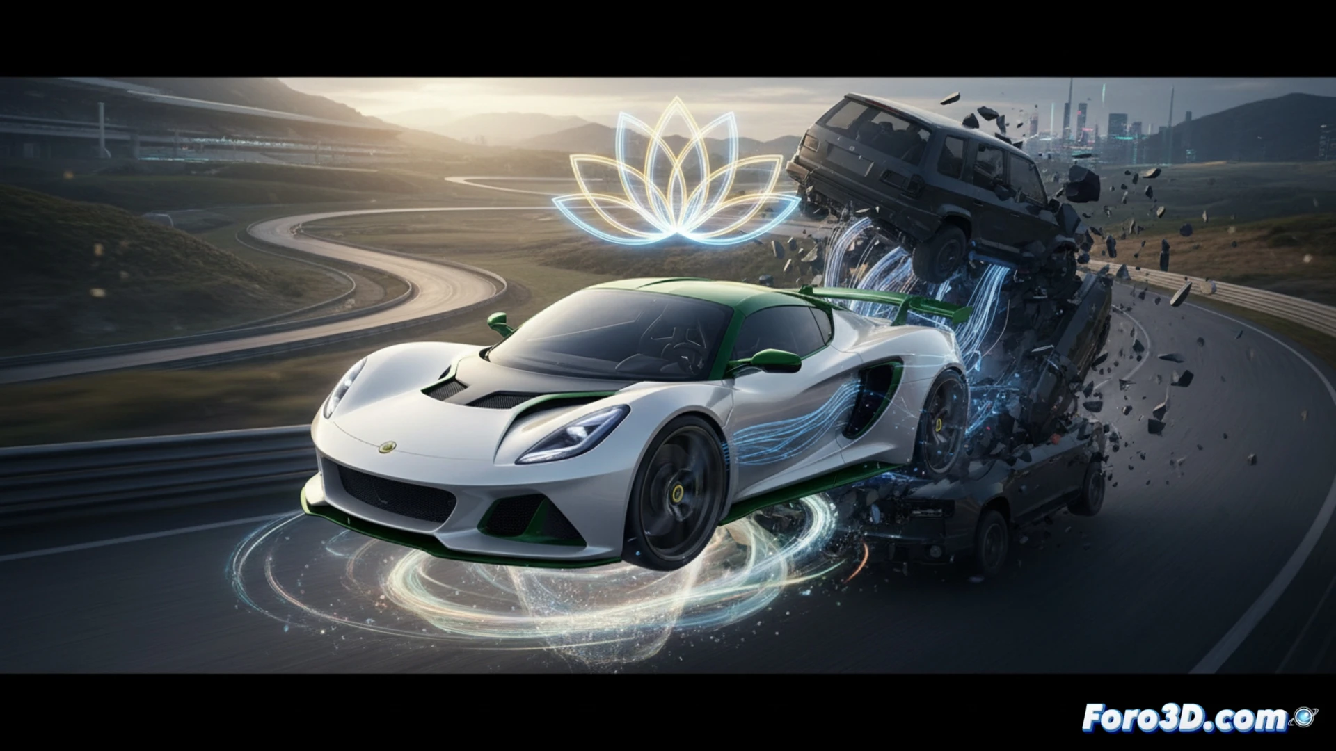 Un Lotus plateado y aerodinámico surca una carretera curvilínea bajo un cielo nublado, dejando atrás una silueta pesada de un SUV mastodóntico que se desvanece en el horizonte.