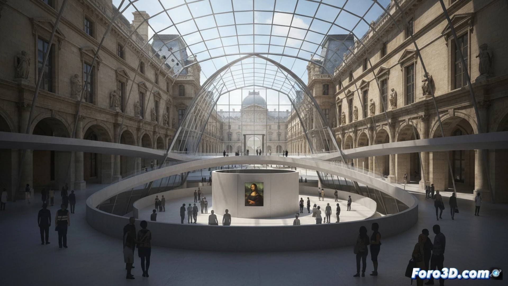 Louvre east facade construction site, architects pointing at holographic blueprint floating above a table, workers installing glass panels for new entrance, robotic arm lifting steel beams, dedicated Mona Lisa gallery section with empty wall mount and track lighting, cinematic technical illustration, photorealistic engineering visualization, dust particles in sunlight, hard hats and safety vests, exposed structural framework, dramatic shadows from scaffolding, ultra-detailed stone masonry texture, action of building and planning simultaneously