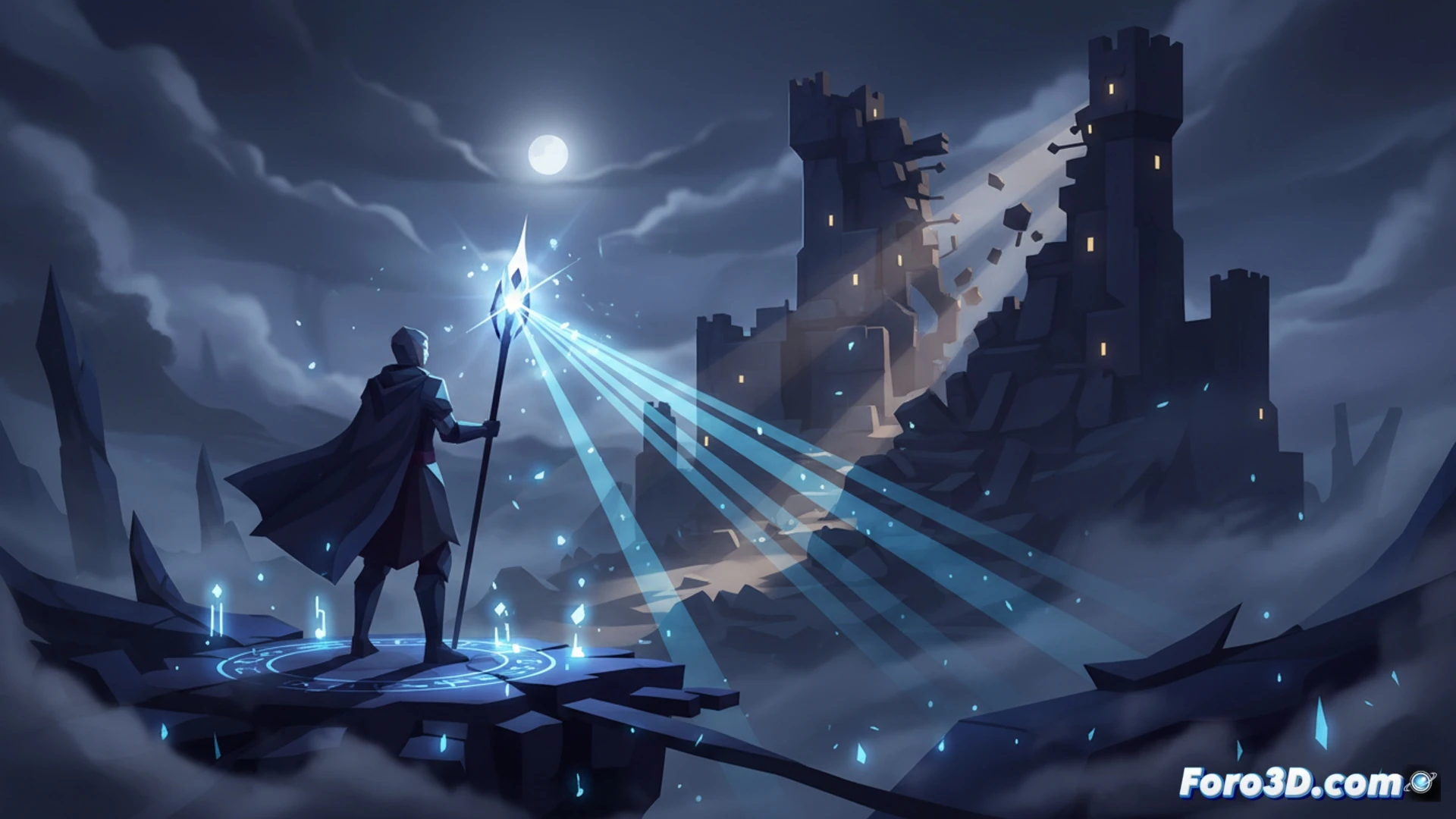 Escena nocturna low-poly en VR con niebla volumétrica y partículas mágicas brillantes