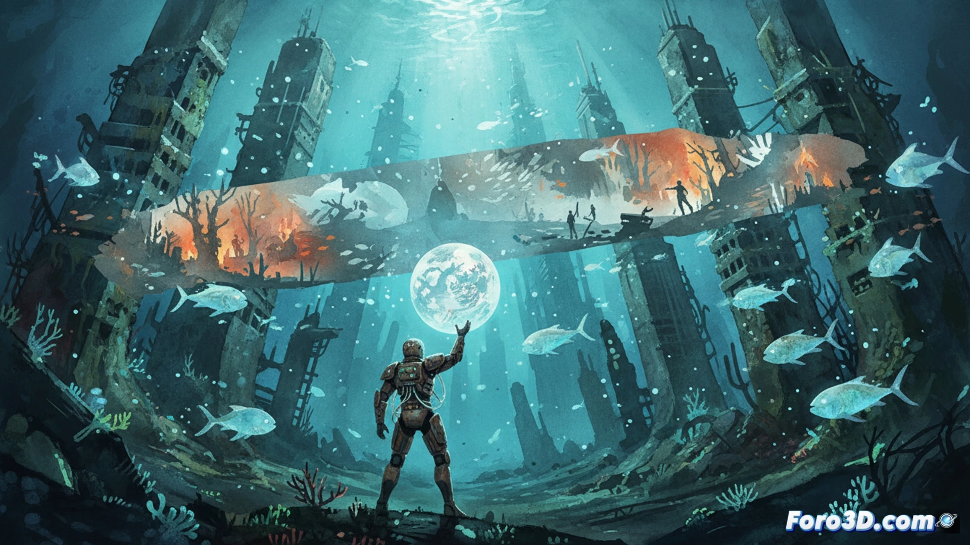 Ilustración de Low: ciudad submarina con luz solar filtrándose, estilo acuarela digital de Greg Tocchini
