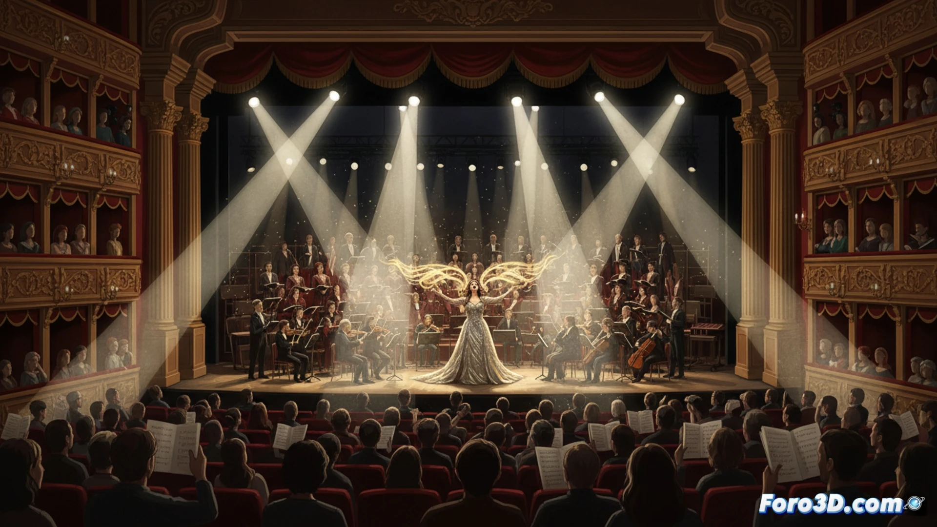 theatre interior, bright stage lights aimed directly at audience faces causing discomfort, spectators shielding eyes with hands and programs, soprano Nadine Sierra singing on stage with orchestra visible in pit, conductor Carlo Rizzi leading, confused set design with abstract metallic structures, cinematic photorealistic style, dramatic chiaroscuro lighting, warm stage glow contrasting with harsh white beams, detailed period costumes, orchestral musicians playing instruments, technical focus on lighting rigs and spotlights, ultra-realistic textures, theatrical atmosphere