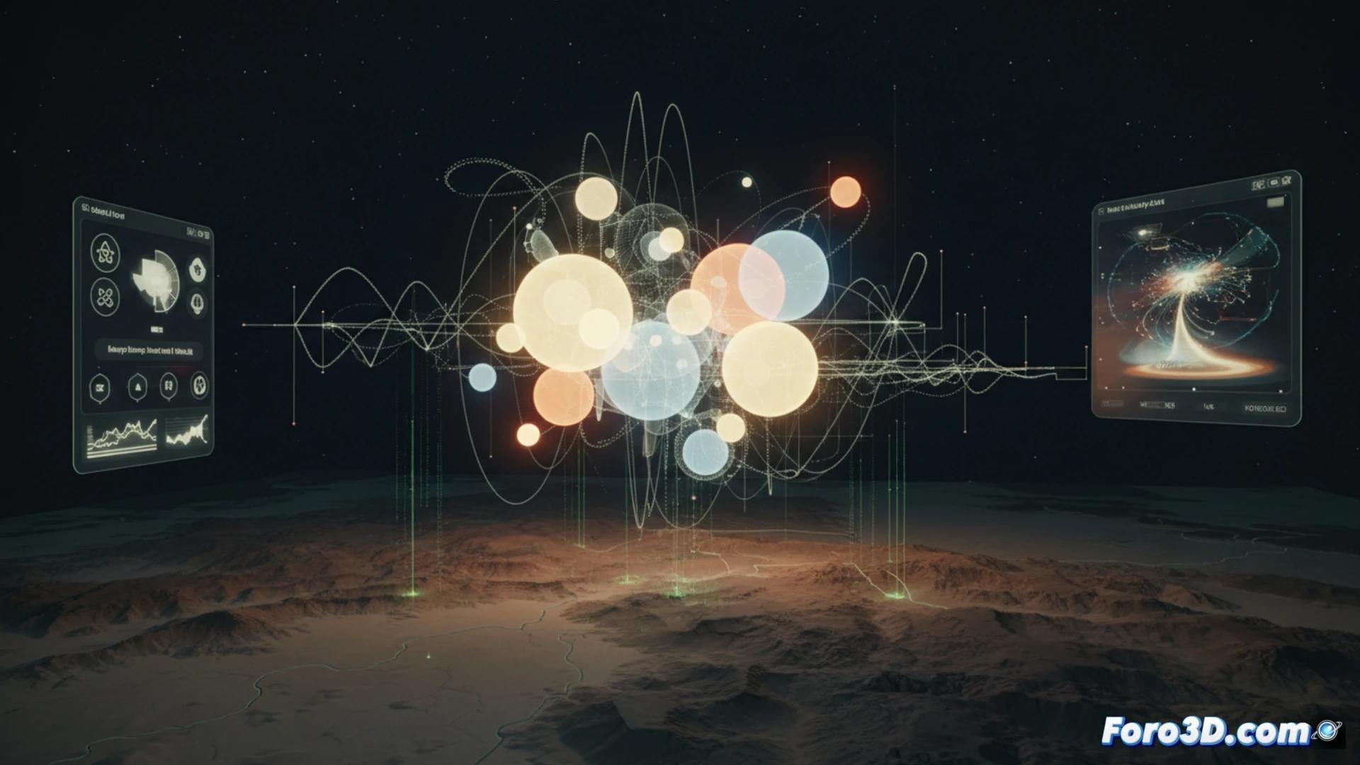 Visualización 3D de esferas luminosas de colores moviéndose sobre el desierto de Texas al atardecer
