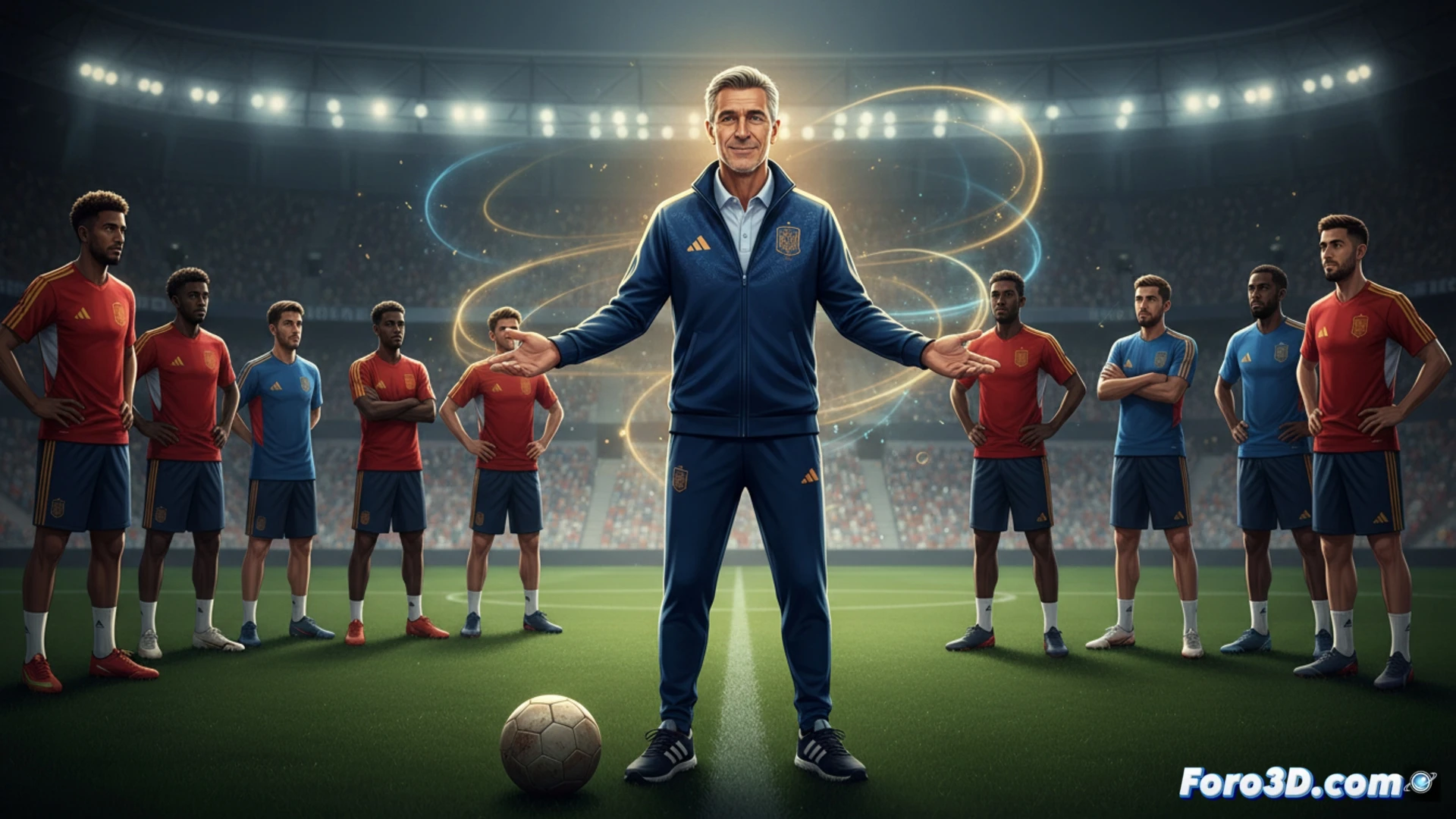 Luis de la Fuente de pie en un vestuario moderno, rodeado de jugadores sentados en círculo, sosteniendo una tableta digital con diagramas tácticos, gesticulando con calma mientras los futbolistas asienten, sin distancias jerárquicas, luz natural suave entrando por ventanas industriales, estilo cinematográfico fotorrealista, texturas de ropa deportiva y sudor visibles, atmósfera de confianza y escucha activa, sin pantallas ni logos, composición horizontal equilibrada, tonos azules y grises metálicos