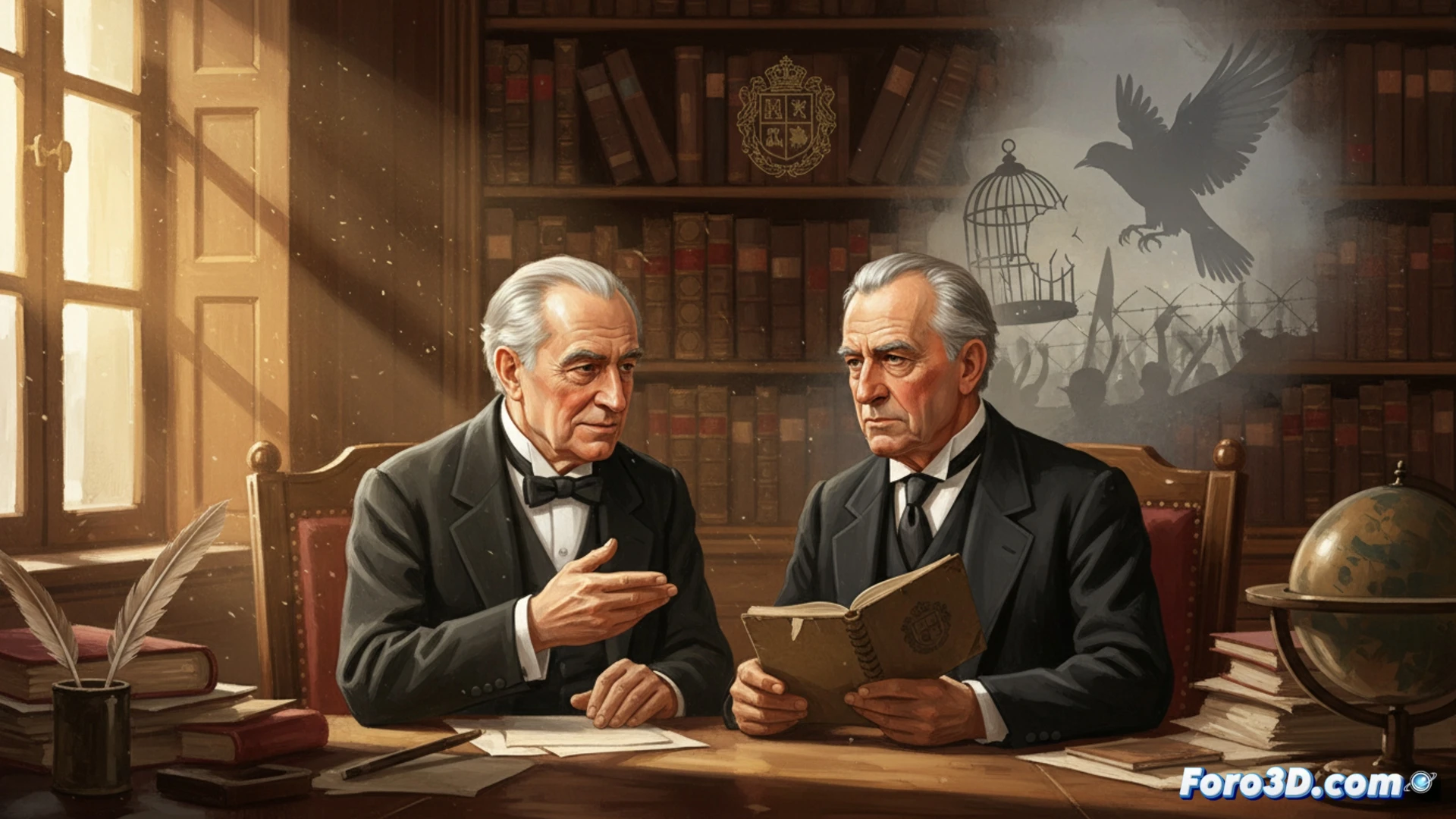 Luis Mateo Díez y Sergio Ramírez en un acto académico, con gesto serio y libros, simbolizando coherencia ética y libertad de expresión.